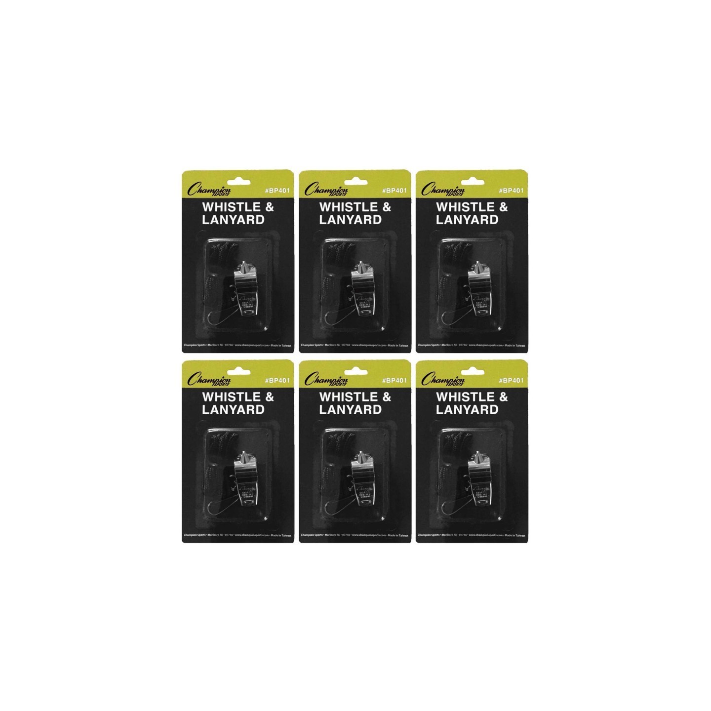 Champion Sports Metal Whistle & Black Lanyard Pack, 6 Packs