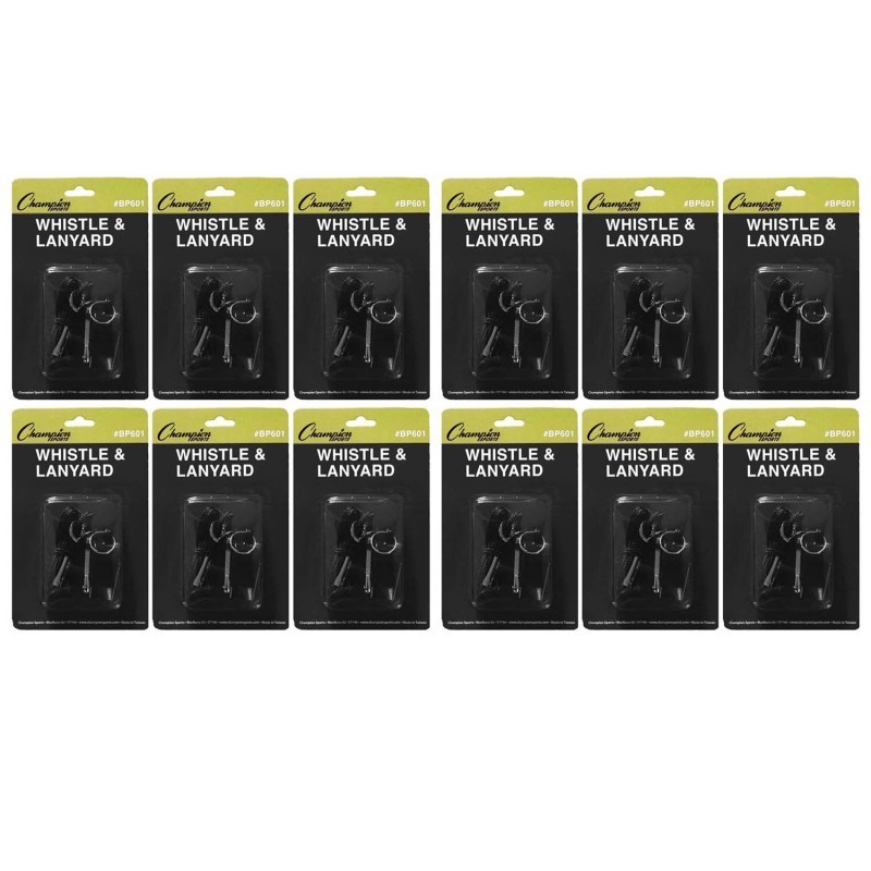 Champion Sports Plastic Whistle & Black Lanyard Pack, 12 Packs