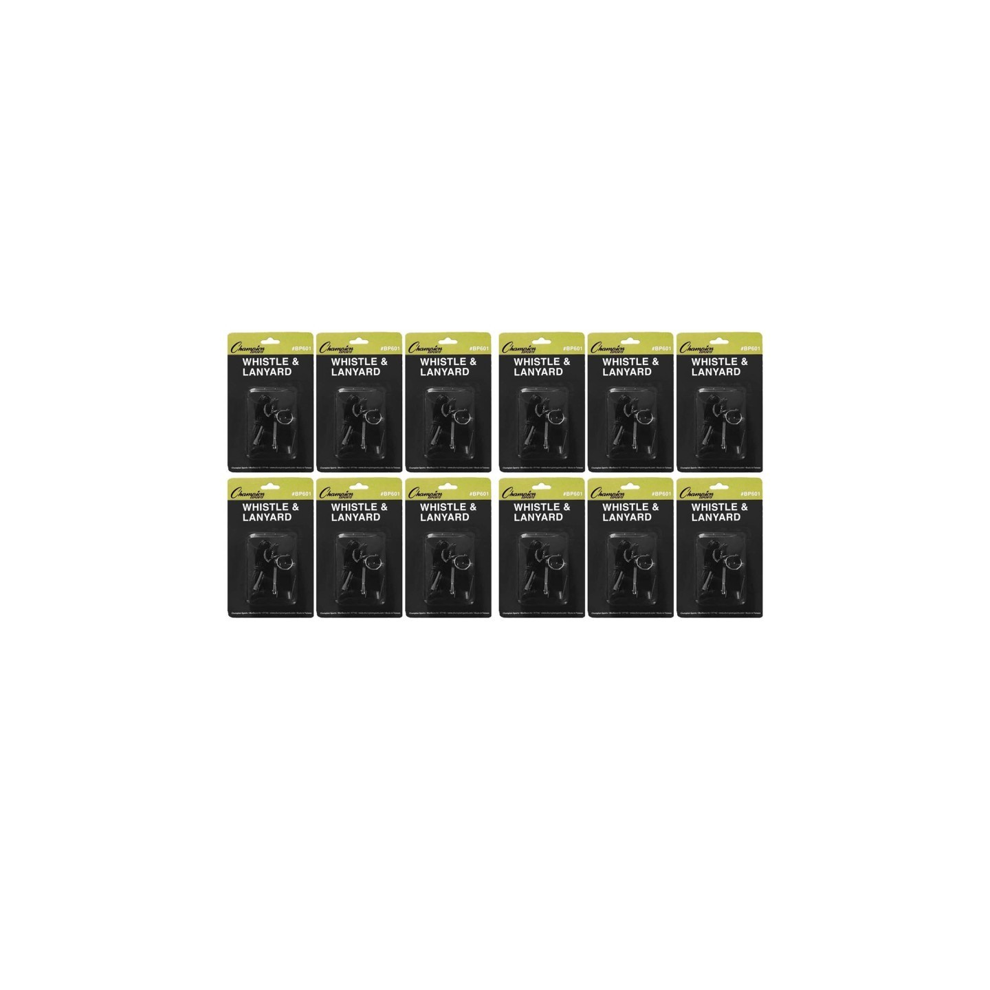 Champion Sports Plastic Whistle & Black Lanyard Pack, 12 Packs