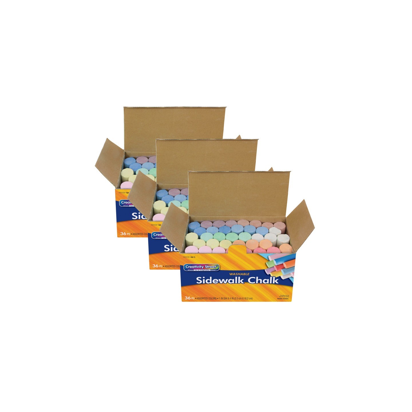 Creativity Street® Sidewalk Chalk, Assorted Colors, 4", 36 Pieces Per Pack, 3 Packs