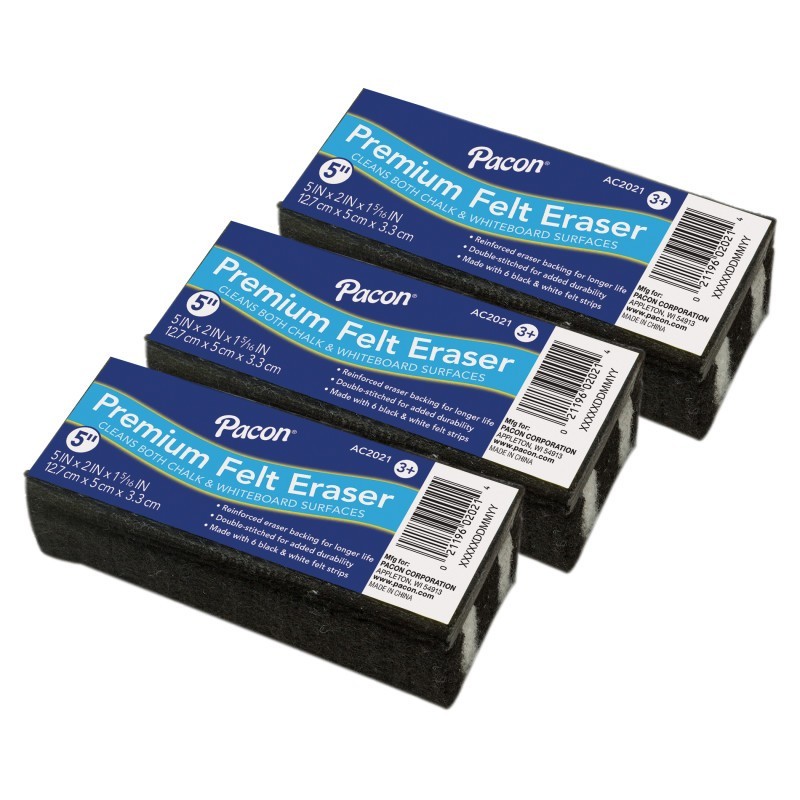Pacon® Premium Chalk & Whiteboard Eraser, 6 Black & White Felt Strips, Double-Stitched, Reinforced Backing, 5", Pack of 3