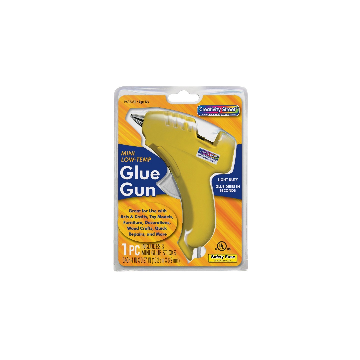 Creativity Street® Low-Temp Mini Glue Gun, Yellow, 5.5" x 4", 1 Glue Gun + 3 Glue Sticks