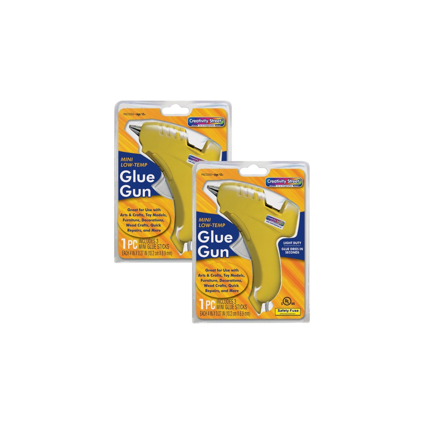 Creativity Street® Low-Temp Mini Glue Gun, Yellow, 5.5" x 4", 1 Glue Gun + 3 Glue Sticks Per Pack, 2 Packs