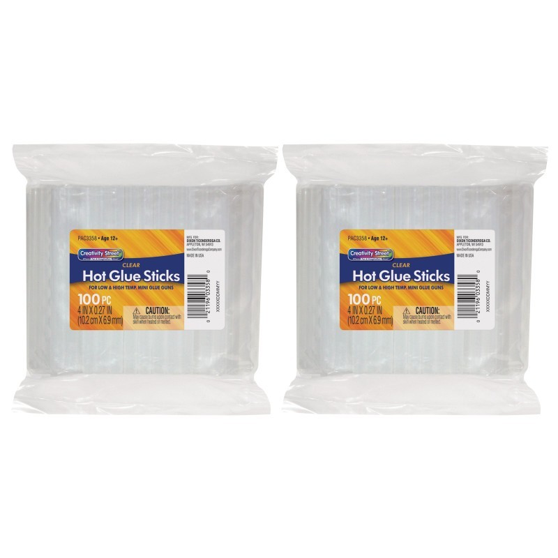 Creativity Street® Hot Glue Sticks Classroom Pack, Clear, 4" x 0.27", 100 Pieces Per Pack, 2 Packs