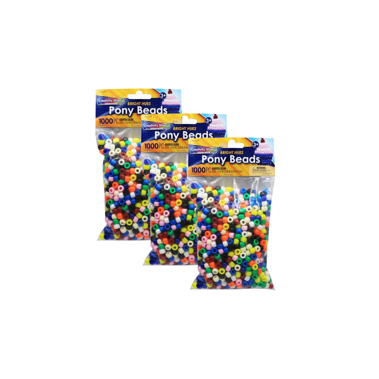 Creativity Street® Pony Beads, Assorted Bright Hues, 6 mm x 9 mm, 1000 Per Pack, 3 Packs