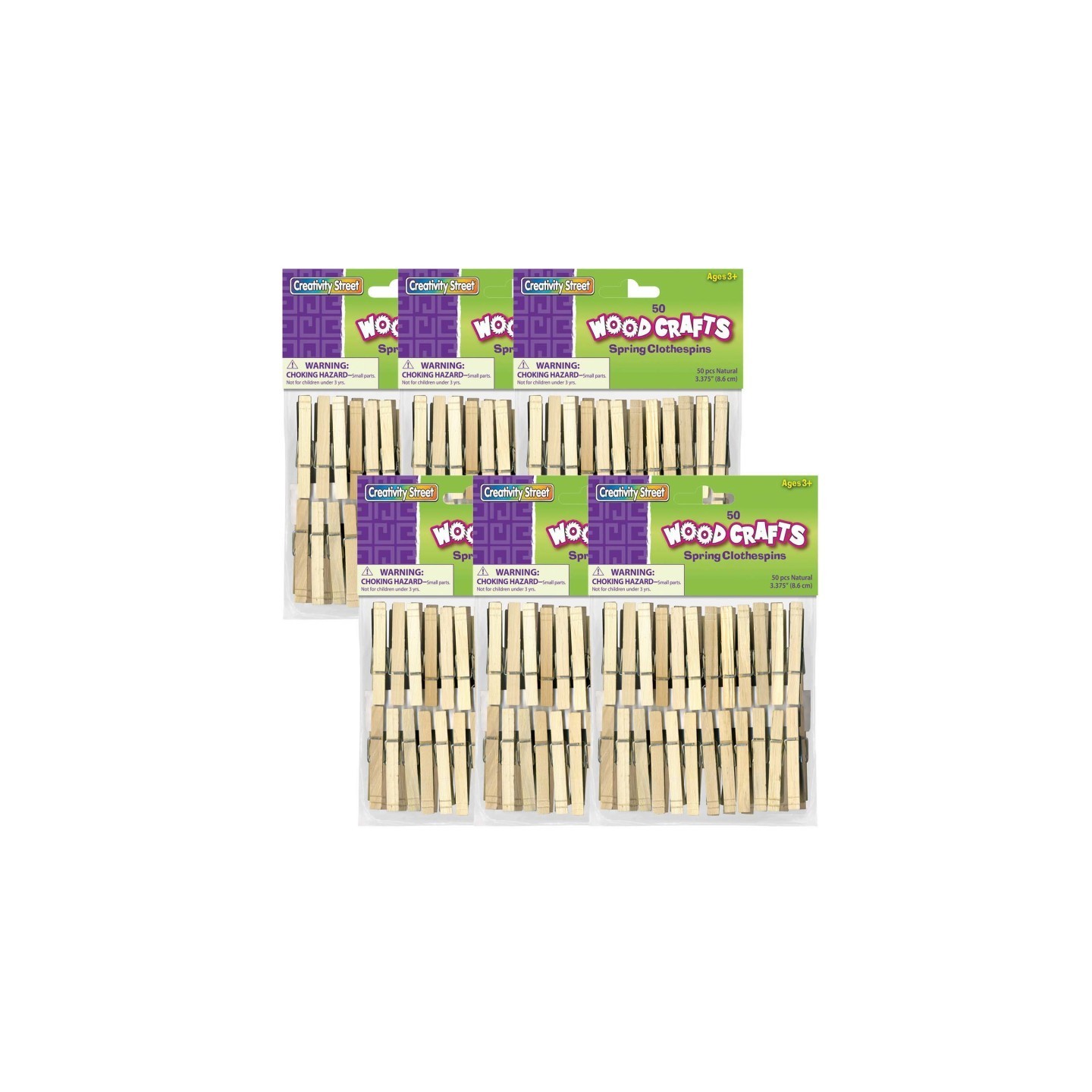 Creativity Street® Spring Clothespins, Natural, Extra-Large, 3-3/8", 50 Per Pack, 6 Packs