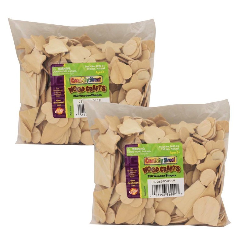Creativity Street® Wood Shapes, Natural Colored, Assorted Shapes, 1/2" to 2", 350 Per Pack, 2 Packs