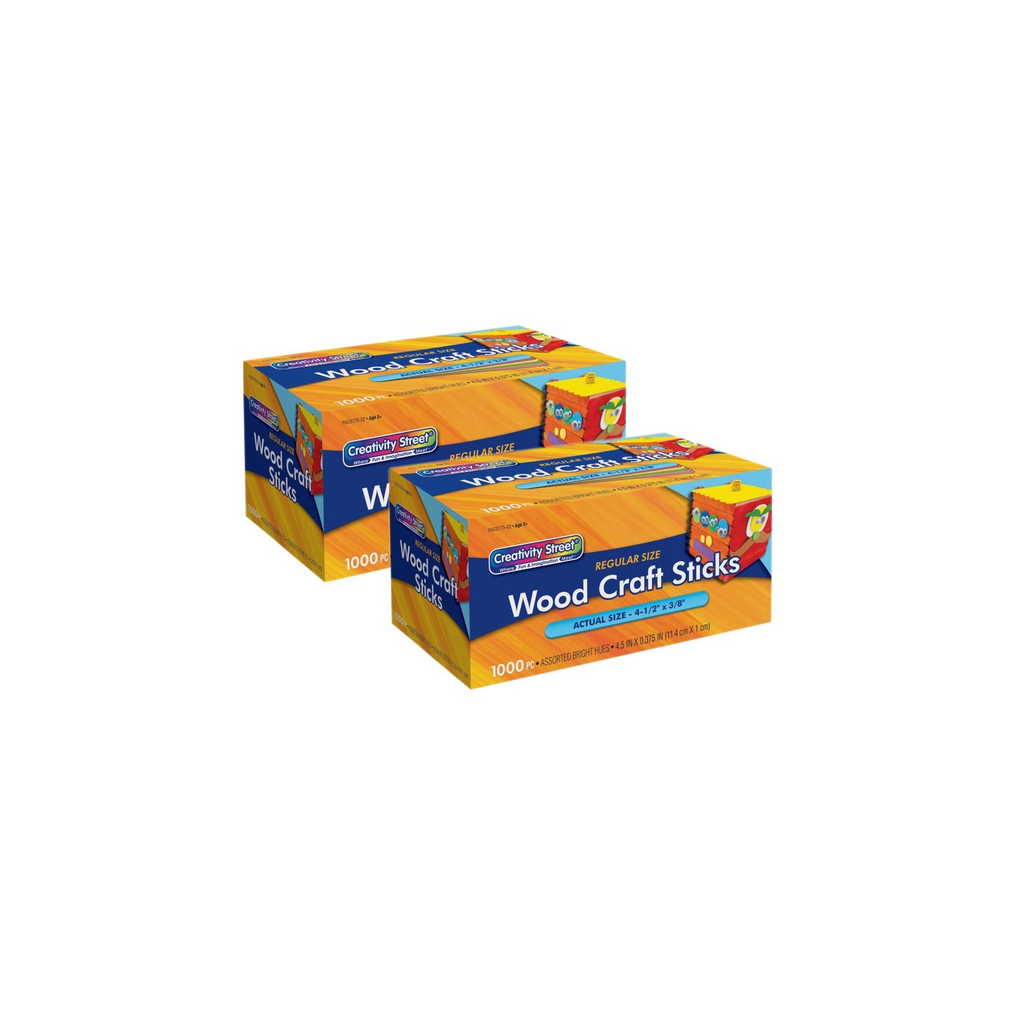 Creativity Street® Regular Craft Sticks, Bright Hues Assorted, 4-1/2" x 3/8", 1000 Per Pack, 2 Packs