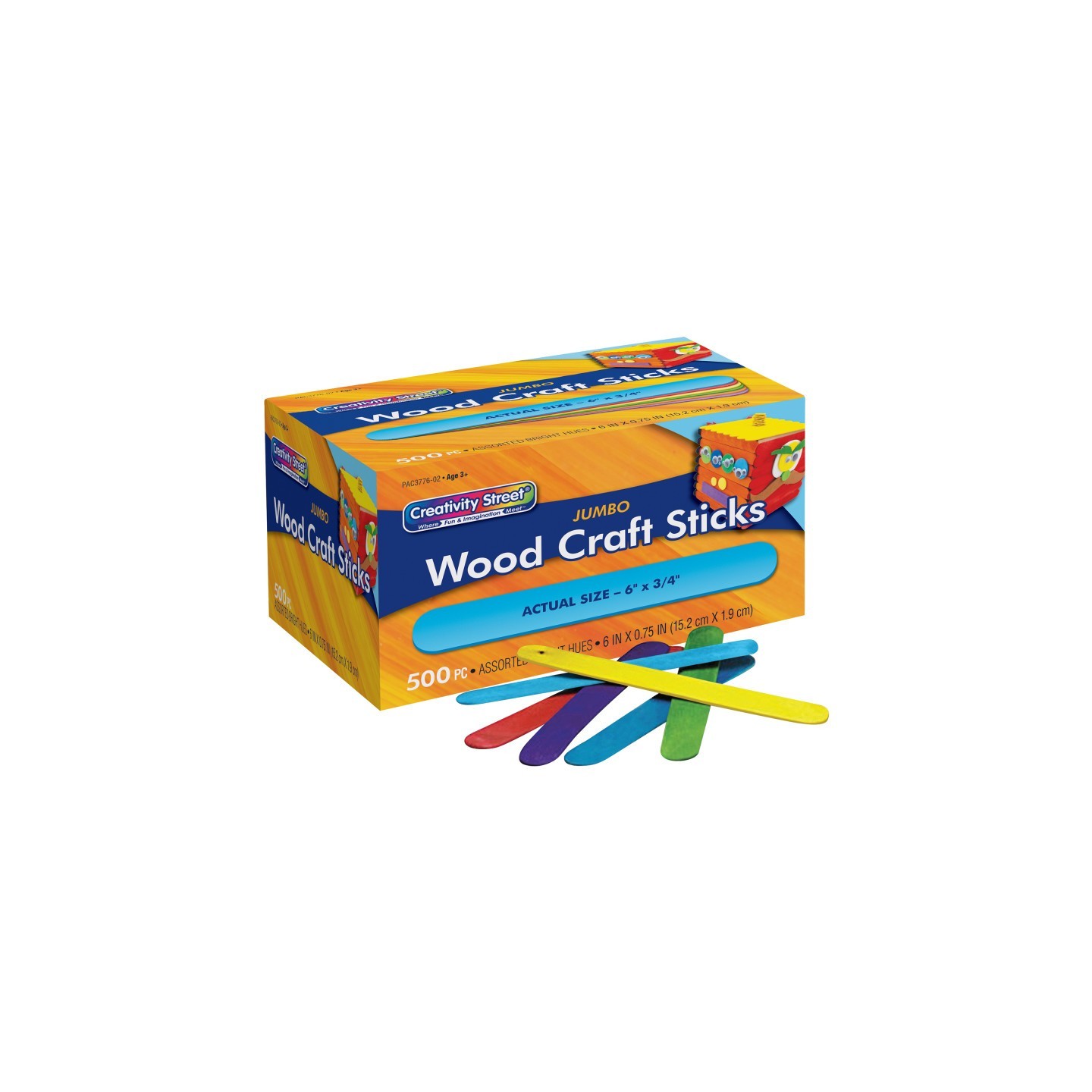 Creativity Street® Jumbo Craft Sticks, Bright Hues Assorted, 6" x 0.75", 500 Pieces