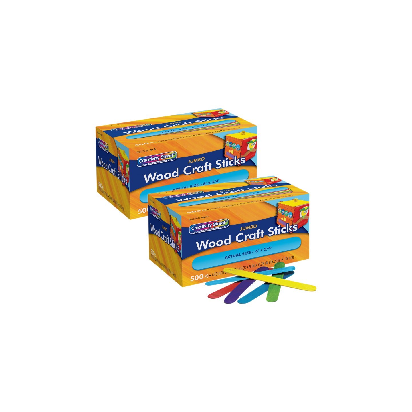 Creativity Street® Jumbo Craft Sticks, Bright Hues Assorted, 6" x 0.75", 500 Pieces Per Pack, 2 Packs