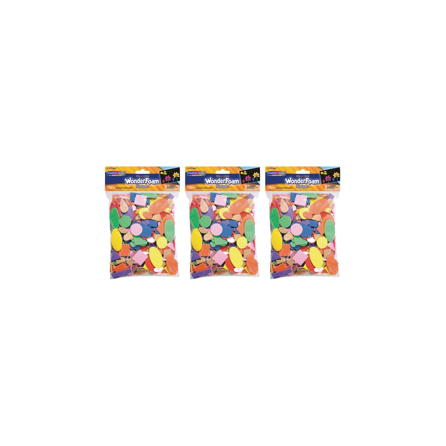 Creativity Street® WonderFoam® Peel & Stick Shapes, Assorted Shapes, Colors & Sizes, 720 Pieces Per Pack, 3 Packs
