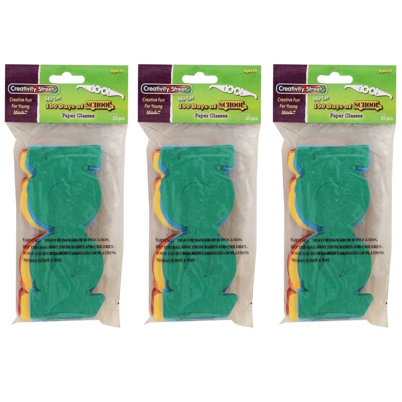 Creativity Street® 100 Days of School Paper Glasses, 2.5" x 16", 25 Per Pack, 3 Packs
