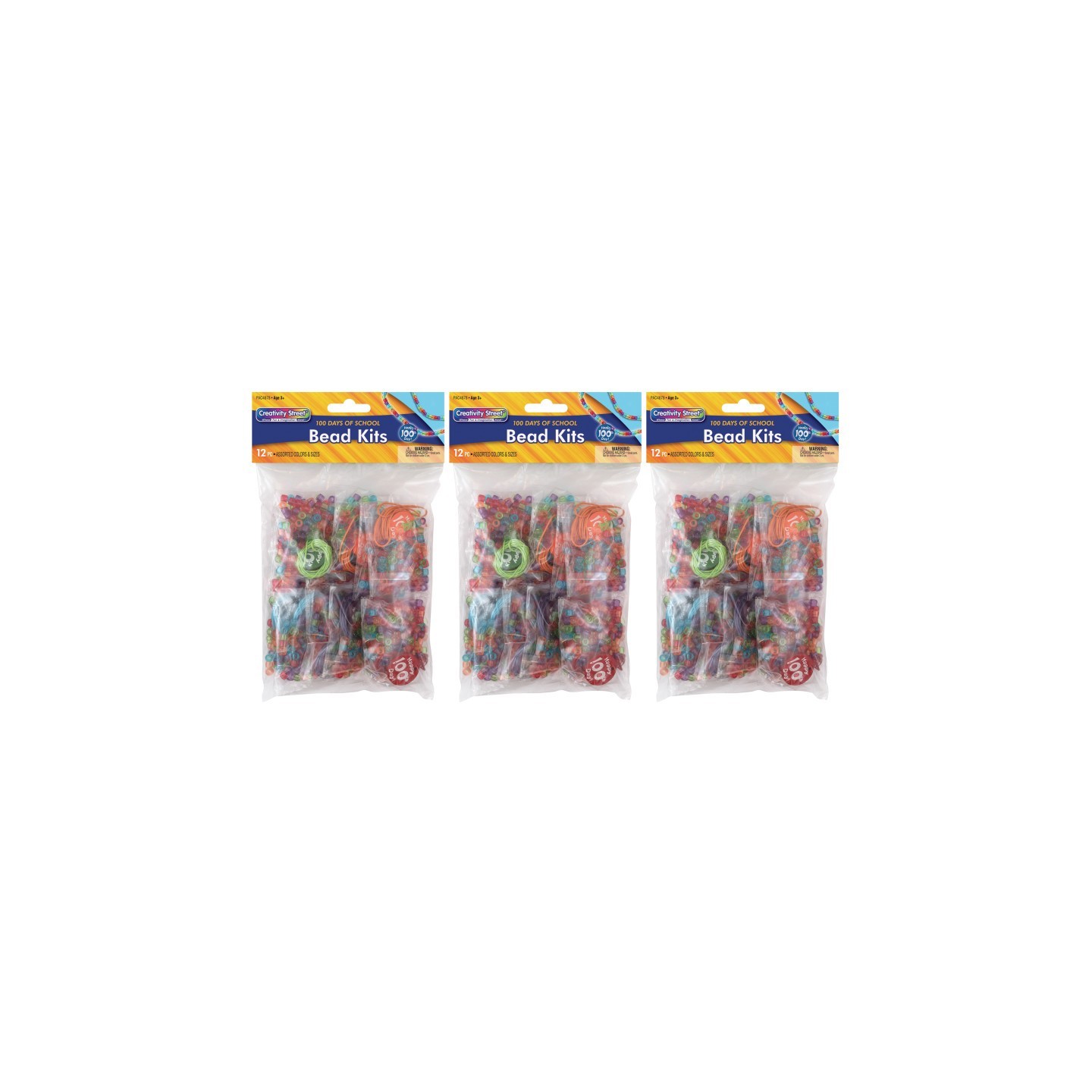 Creativity Street® 100 Days of School Bead Kit, Assorted Sizes, 12 Kits Per Pack, 3 Packs