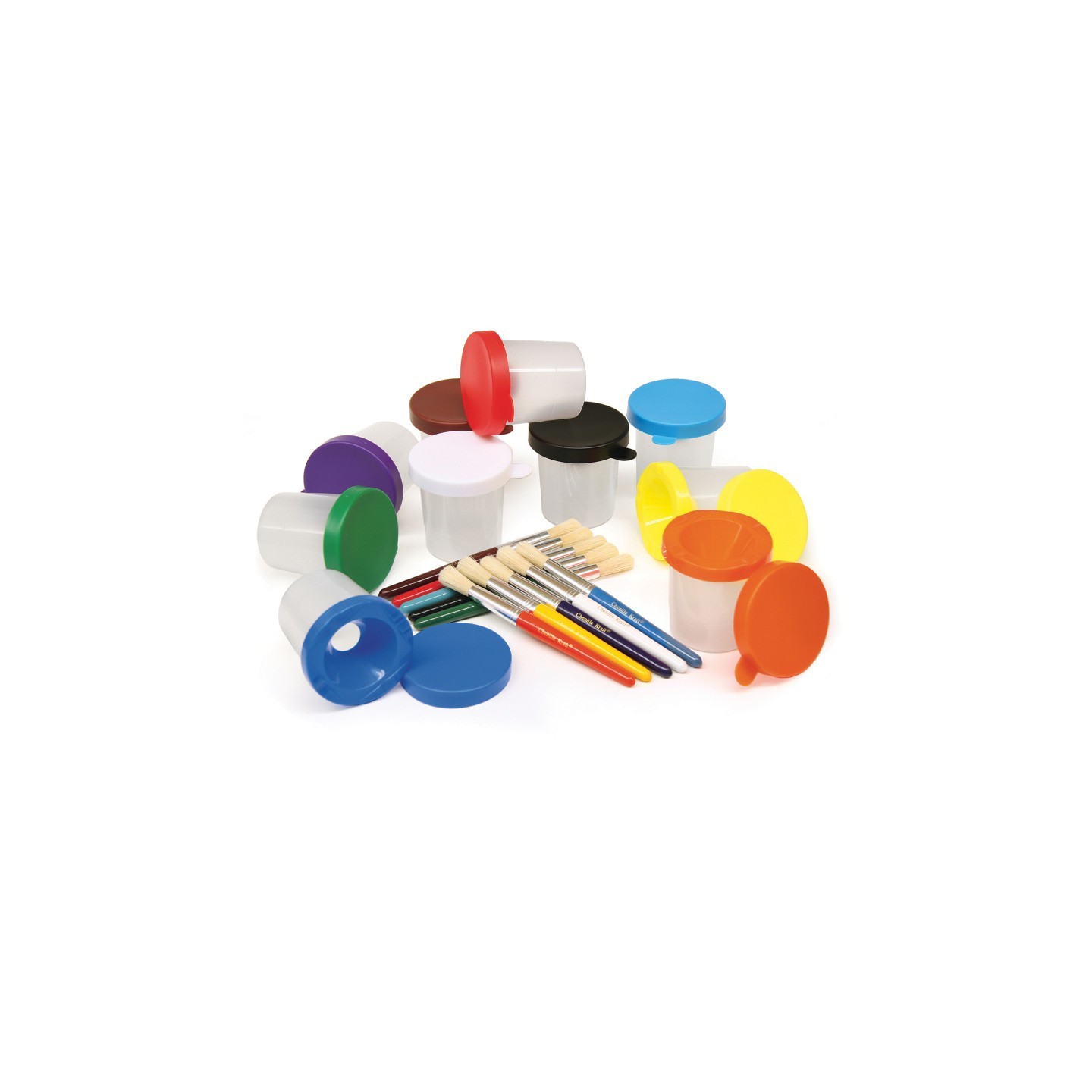 Creativity Street® Paint Cups with Brushes, 10 Assorted Colors, 7-1/4" Brushes & 3" Dia. Cups, 20 Pieces