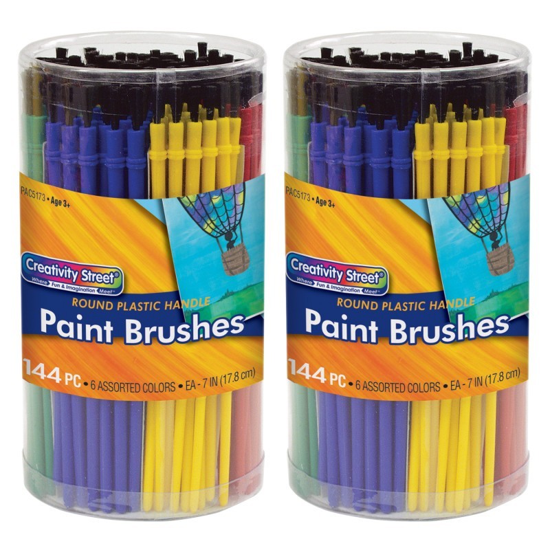Creativity Street® Plastic Handle Brush Classroom Pack, Economy Brushes, 7" Long, 144 Brushes Per Pack, 2 Packs