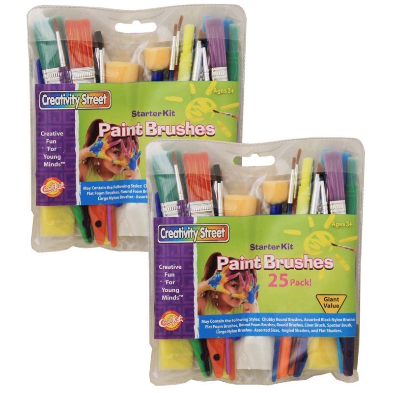 Creativity Street® Starter Brush Assortment, Assorted Colors & Sizes, 25 Brushes Per Pack, 2 Packs