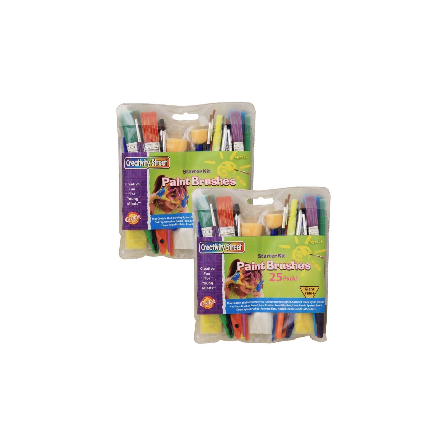 Creativity Street® Starter Brush Assortment, Assorted Colors & Sizes, 25 Brushes Per Pack, 2 Packs