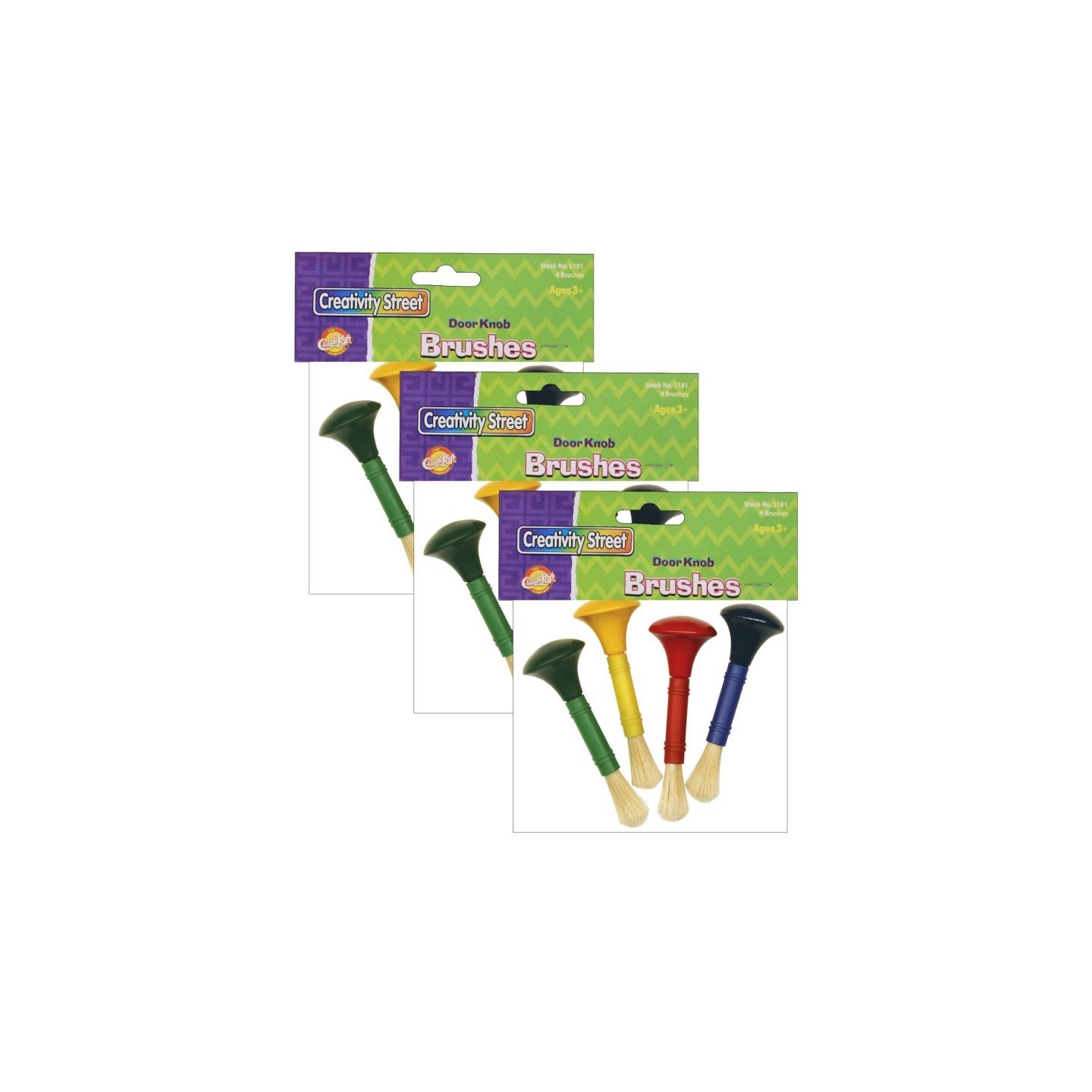 Creativity Street® Beginner Paint Brushes, Door Knob Handles, 4 Assorted Colors, 5" Long, 4 Brushes Per Pack, 3 Packs