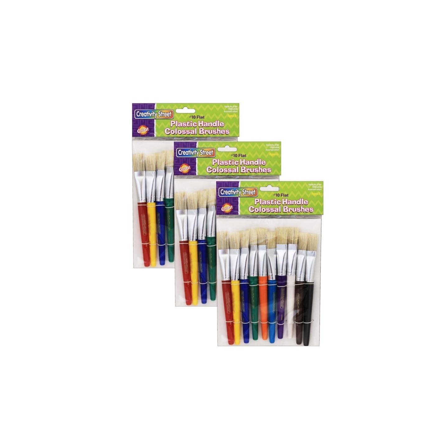 Creativity Street® Beginner Paint Brushes, Flat Stubby Brushes, 10 Assorted Colors, 7.5" Long, 10 Per Pack, 3 Packs