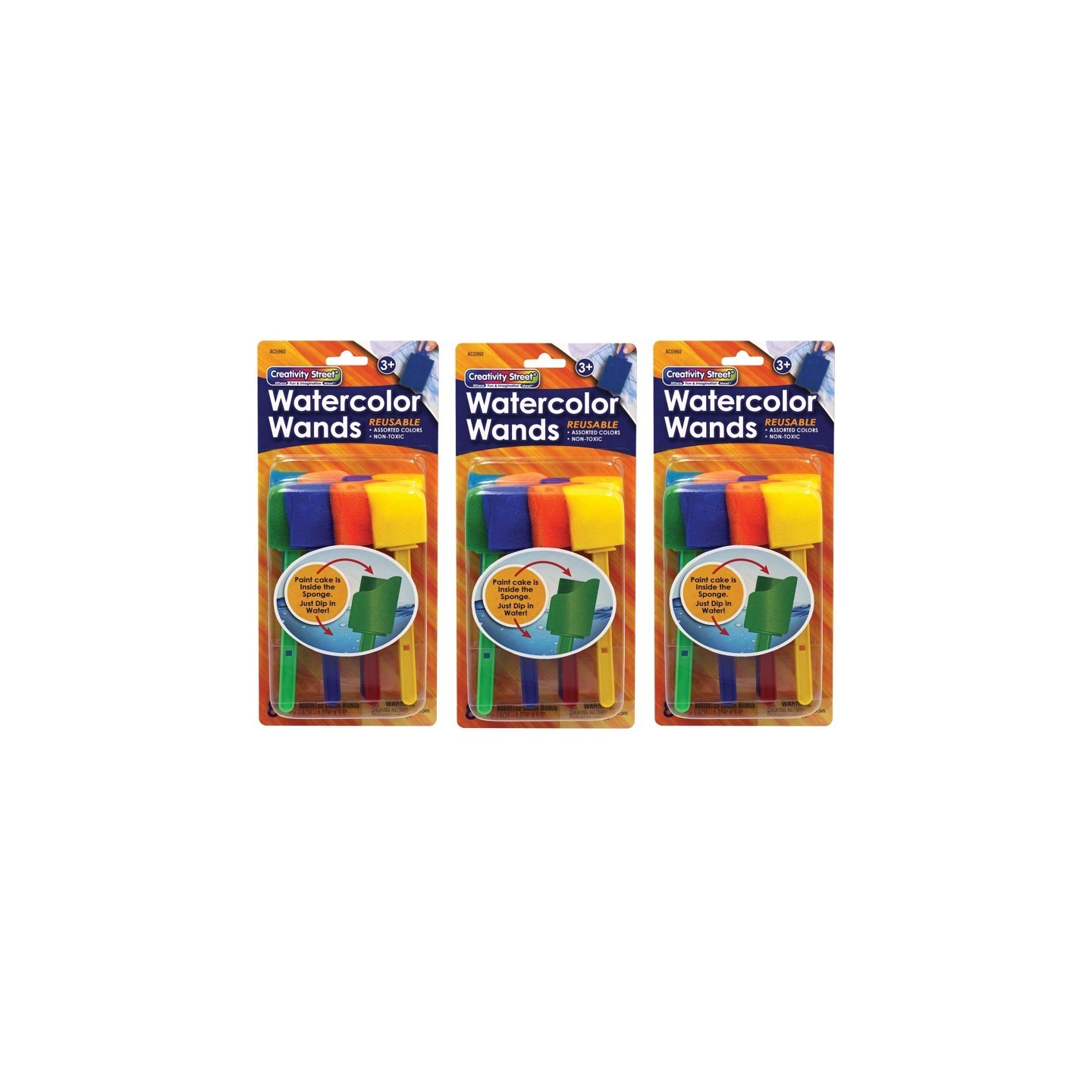 Creativity Street® Watercolor Wands with Paint, 8 Assorted Colors, 1-3/8" x 5-1/2", 8 Per Pack, 3 Packs