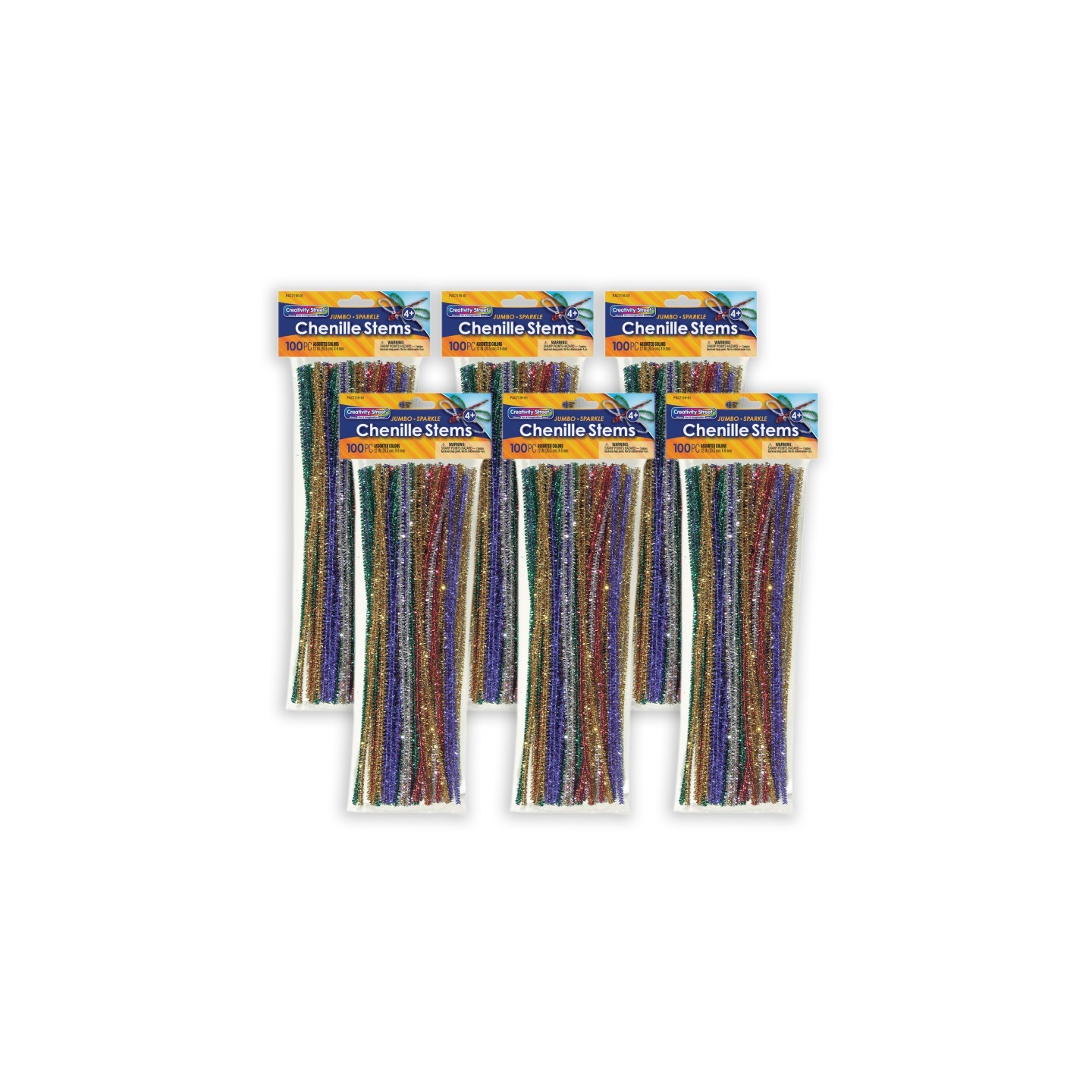 Creativity Street® Jumbo Sparkle Stems, Assorted Colors, 12" x 6 mm, 100 Per Pack, 6 Packs