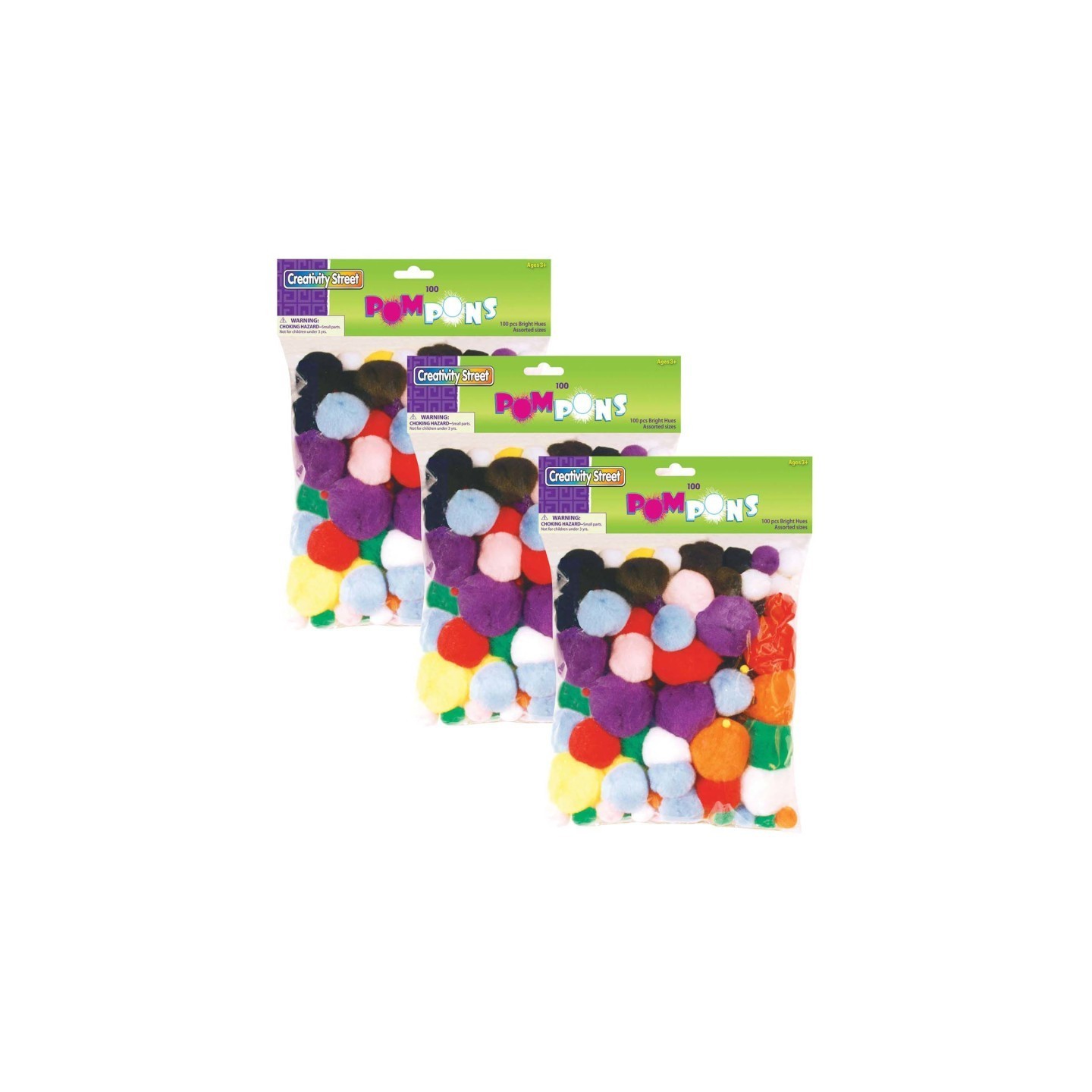Creativity Street® Pom Pons, Bright Hues, Assorted Sizes, 100 Pieces Per Pack, 3 Packs