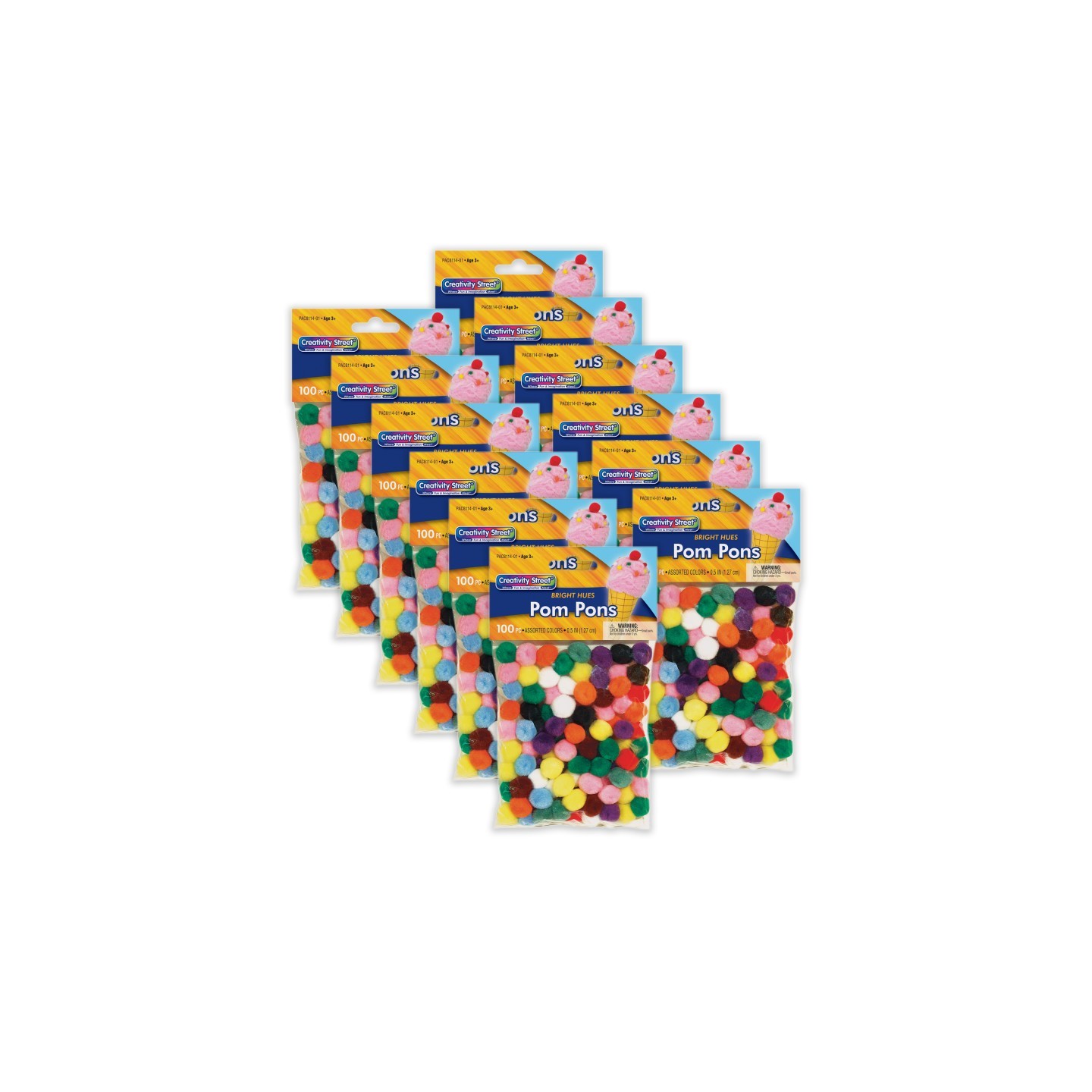 Creativity Street® Pom Pons, Bright Hues Assortment, 0.5", 100 Pieces Per Pack, 12 Packs