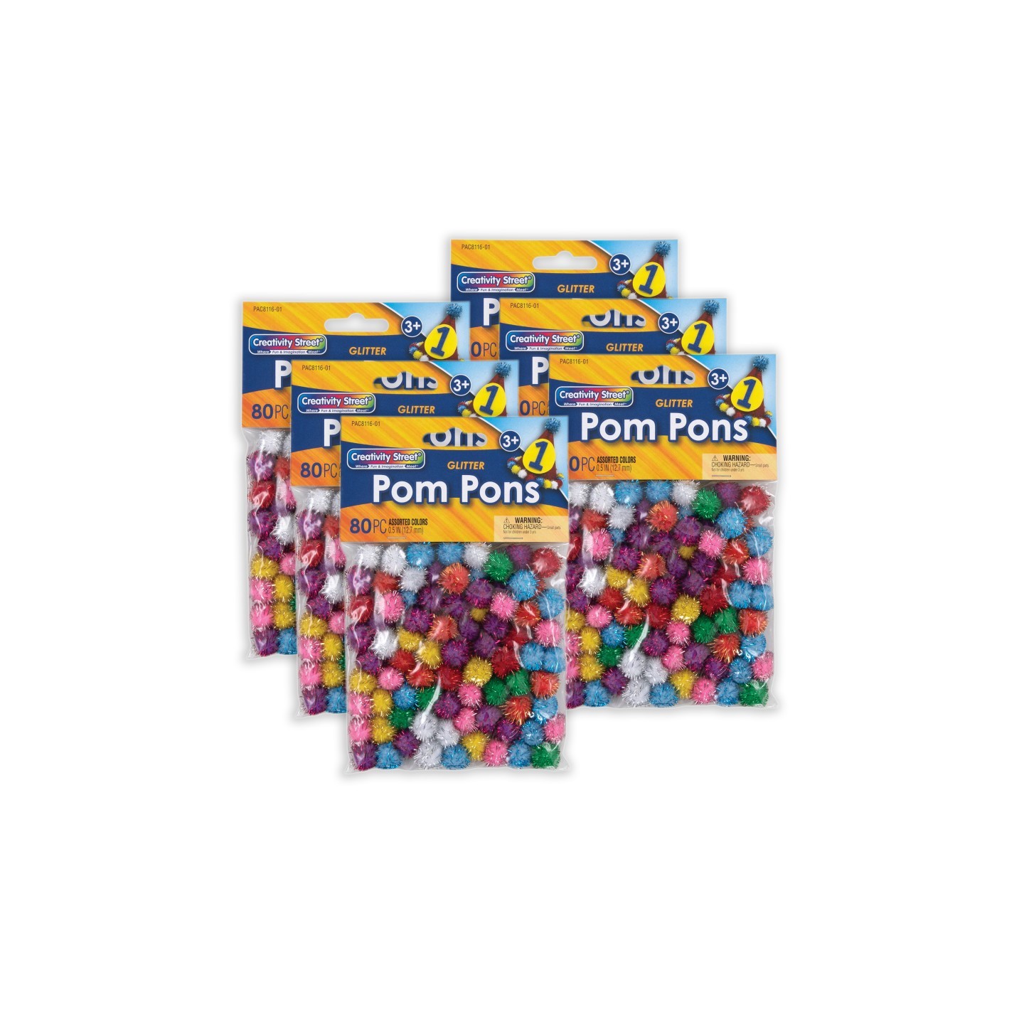 Creativity Street® Glitter Pom Pons, Assorted Colors, 1/2", 80 Per Pack, 6 Packs