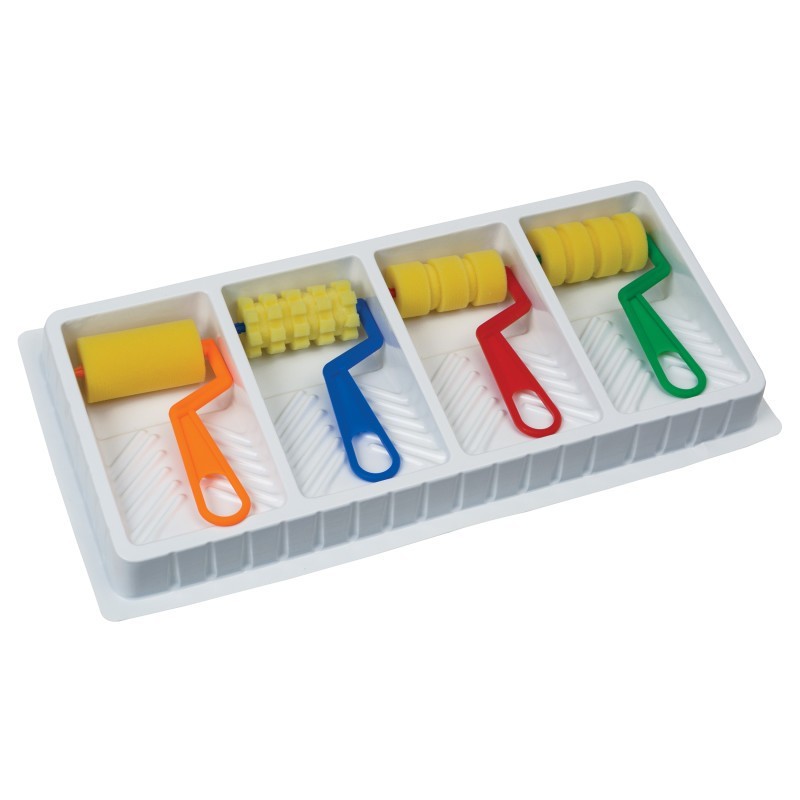 Creativity Street® Foam Pattern Rollers and Tray, 4 Assorted Patterns, 8-1/2" x 17" Tray, 5 Pieces