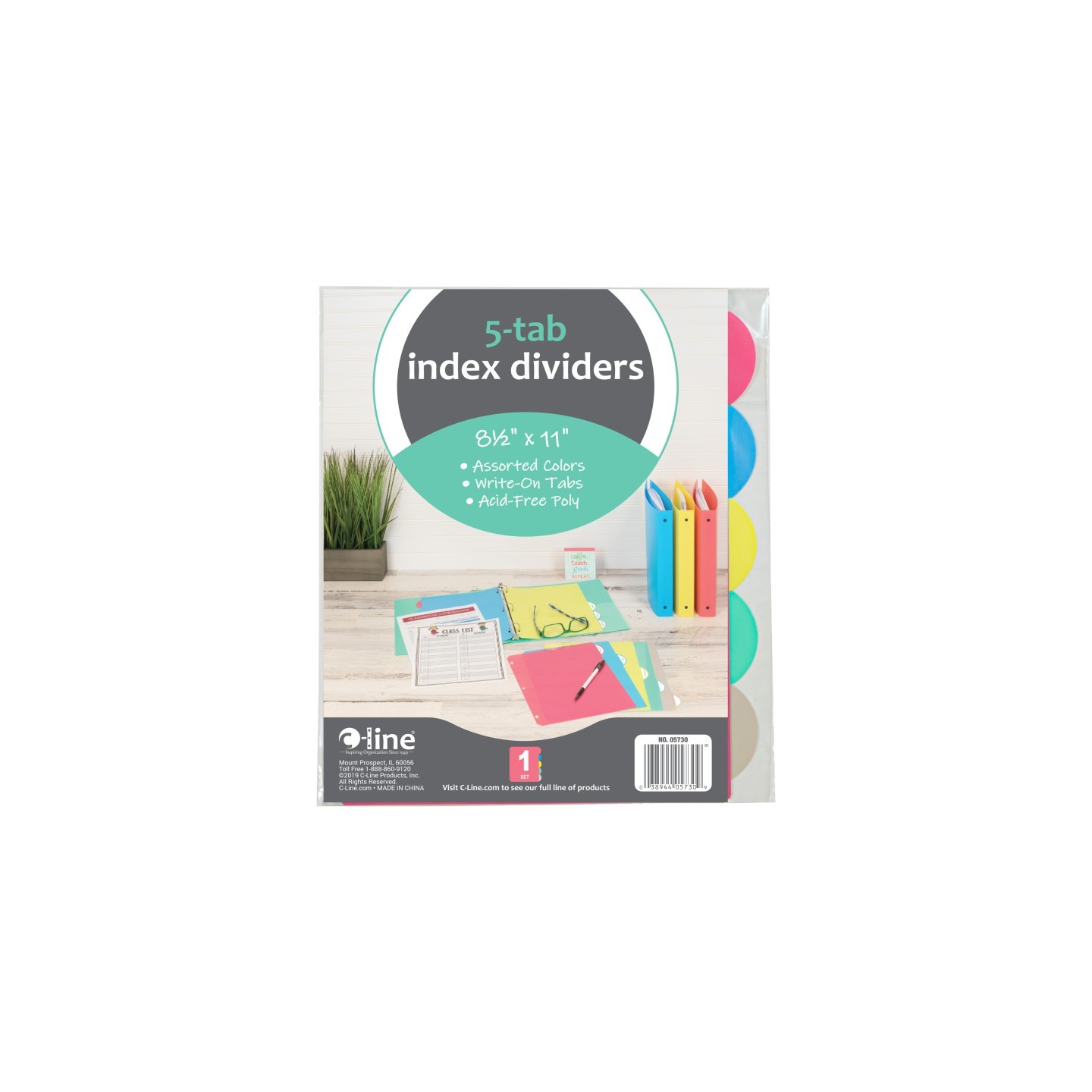 C-Line® 5-Tab Poly Binder Index Dividers, Assorted, 5/Set