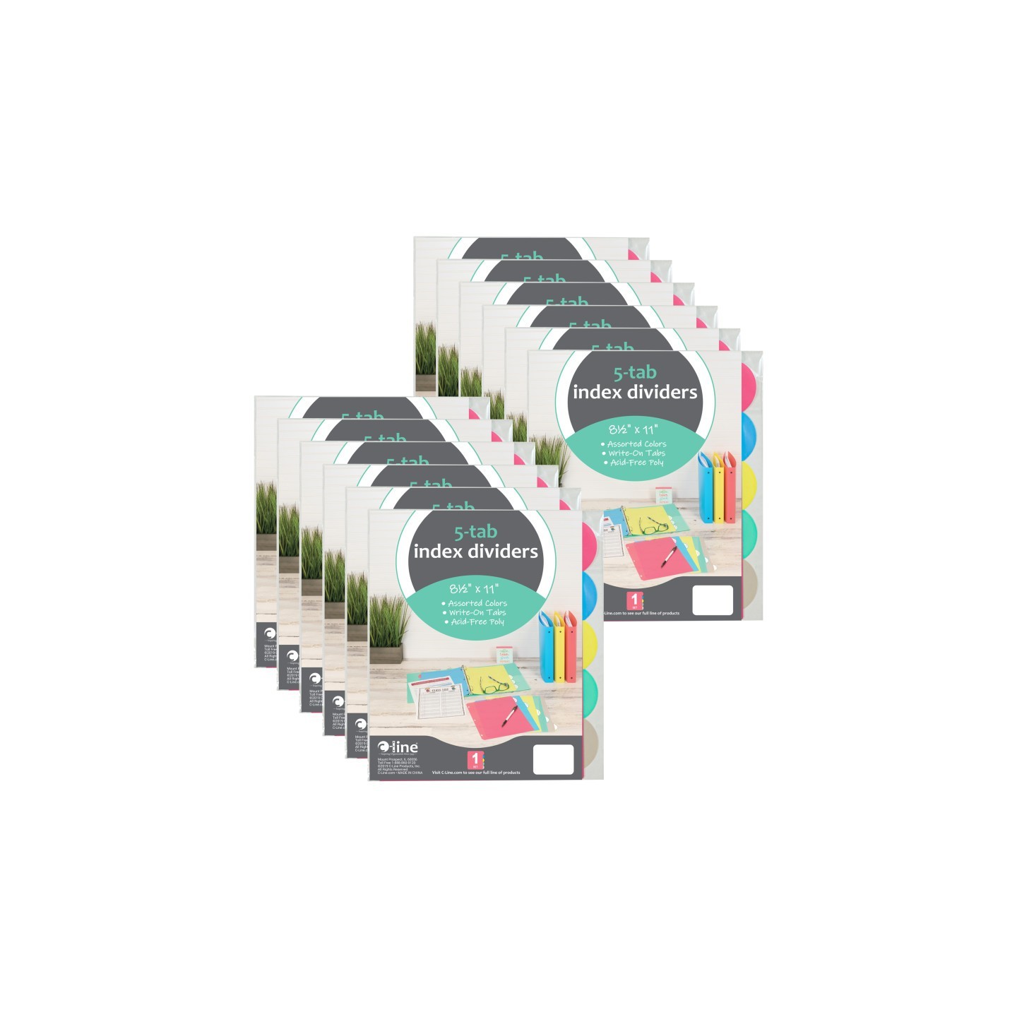 C-Line® 5-Tab Poly Binder Index Dividers, Assorted, 5 Per Set, 12 Sets