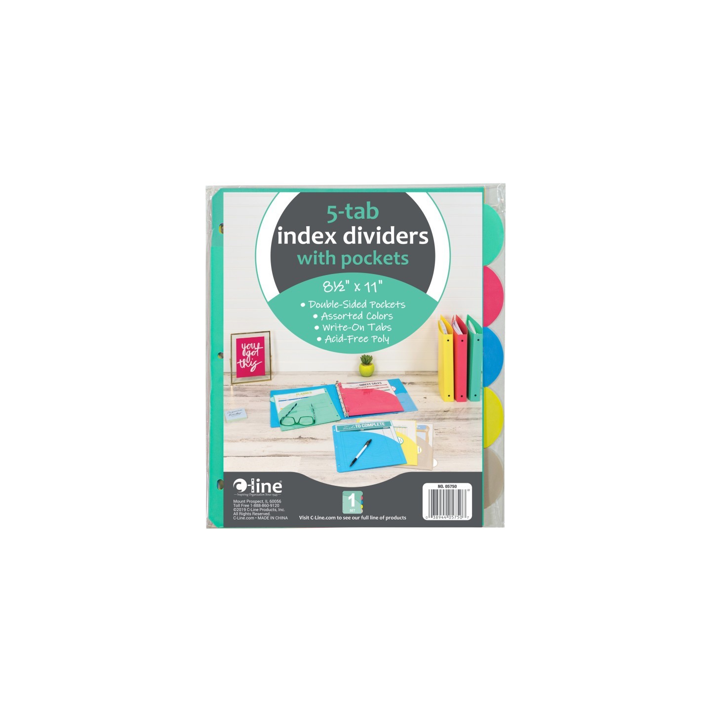 C-Line® 5-Tab Poly Index Dividers w/Slant Pocket, Asstd Colors