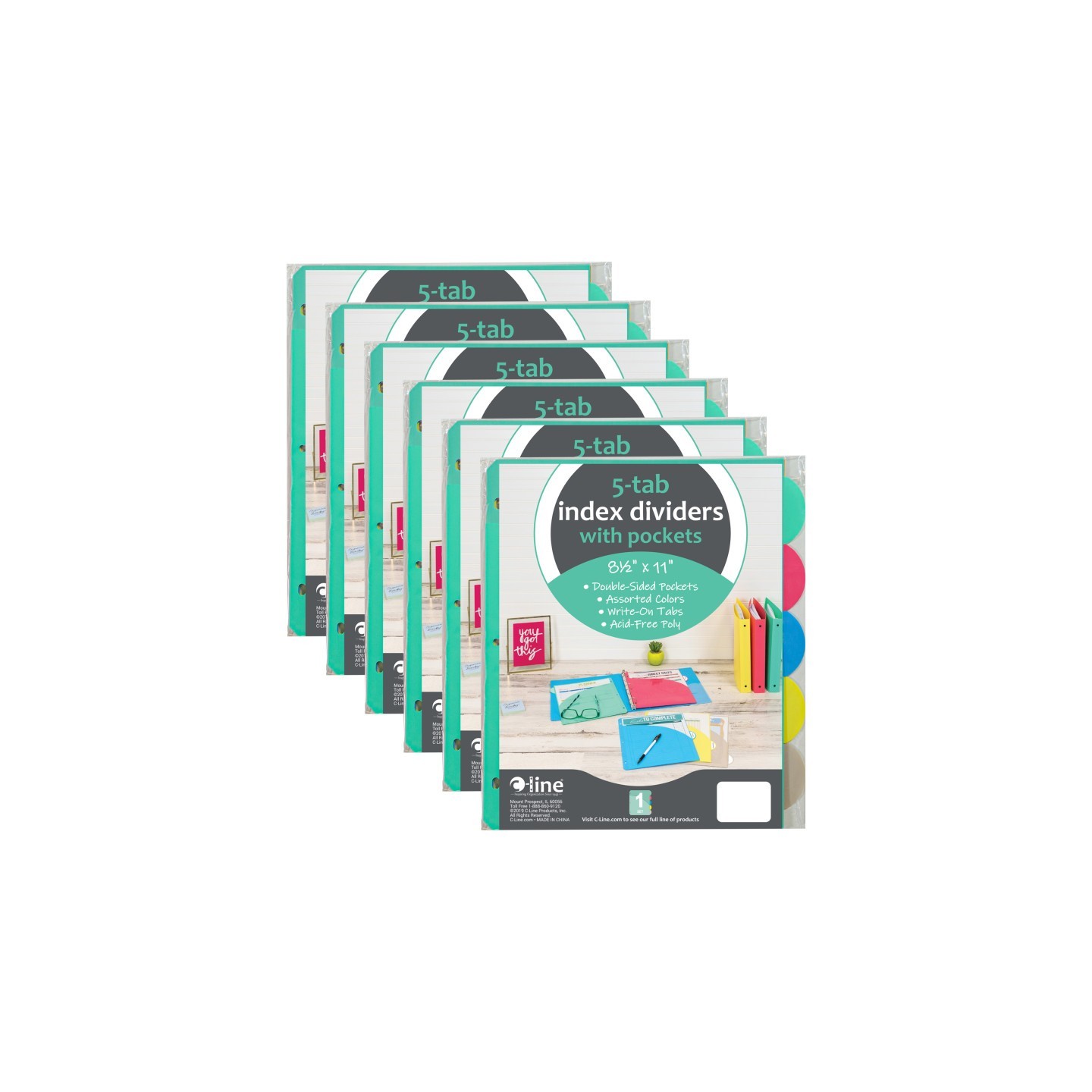 C-Line® 5-Tab Poly Index Dividers w/Slant Pocket, Assorted Colors, 5 Per Pack, 6 Packs