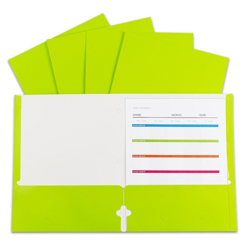 C-Line® 2-Pocket Laminated Paper Portfolios with 3-Hole Punch, Lime Green, Box of 25