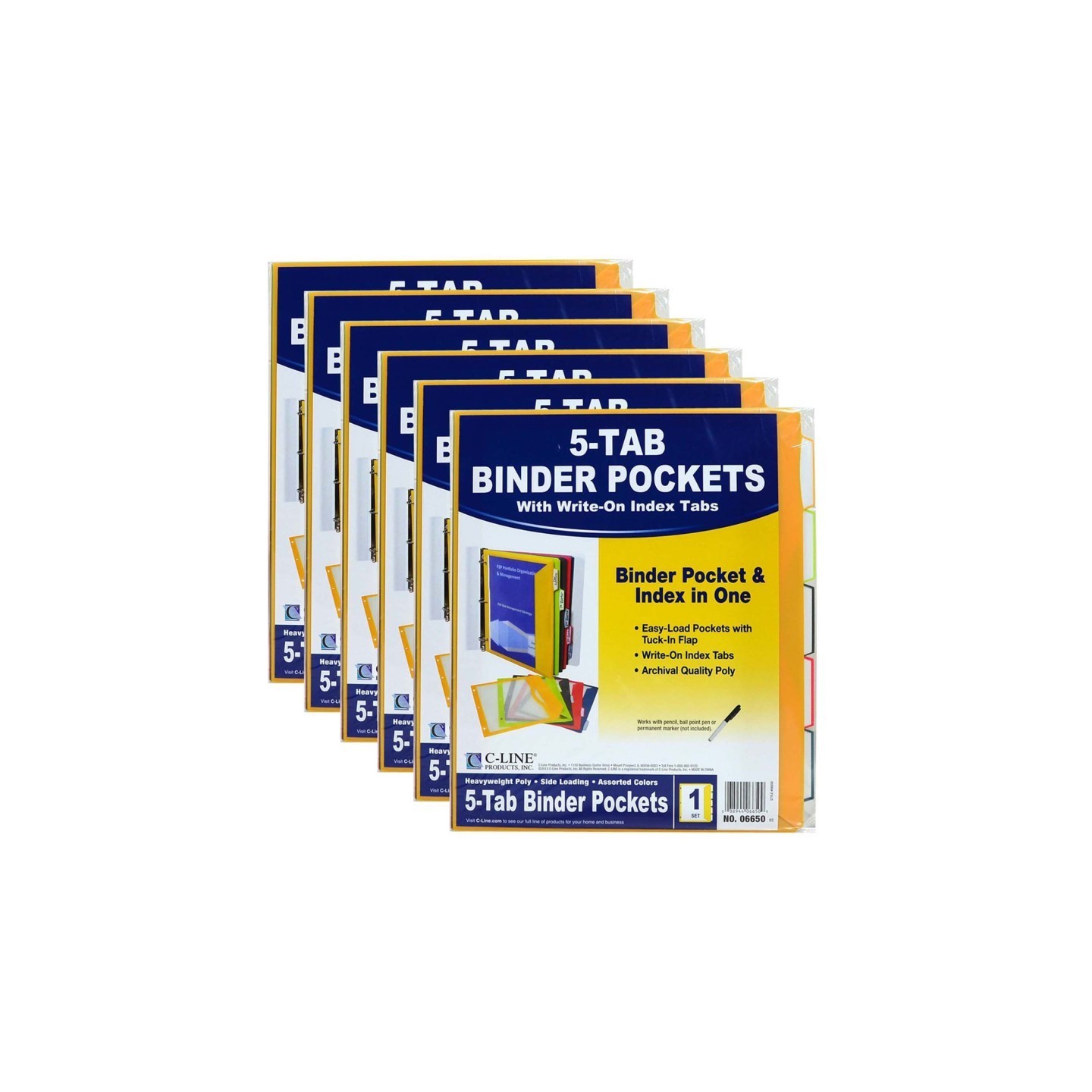 C-Line® Super Heavyweight Poly Binder Pockets with Write-On Index Tabs, Assorted Colors, 8-1/2 x 11, 5 Per Set, 6 Sets