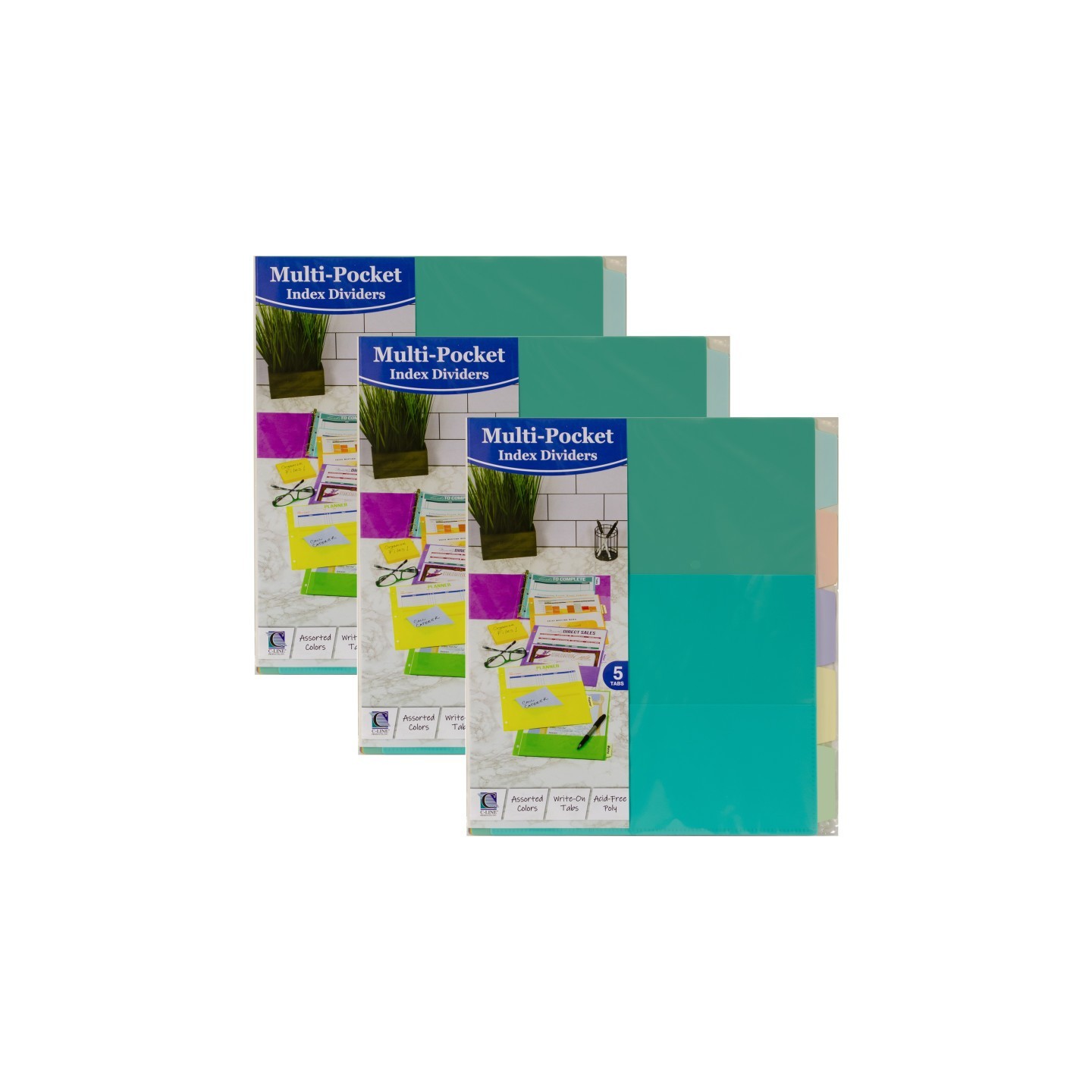 C-Line® 5-Tab Index Dividers with Multi-Pockets, Bright Color Assortment, 8-1/2 x 11, 3 Sets