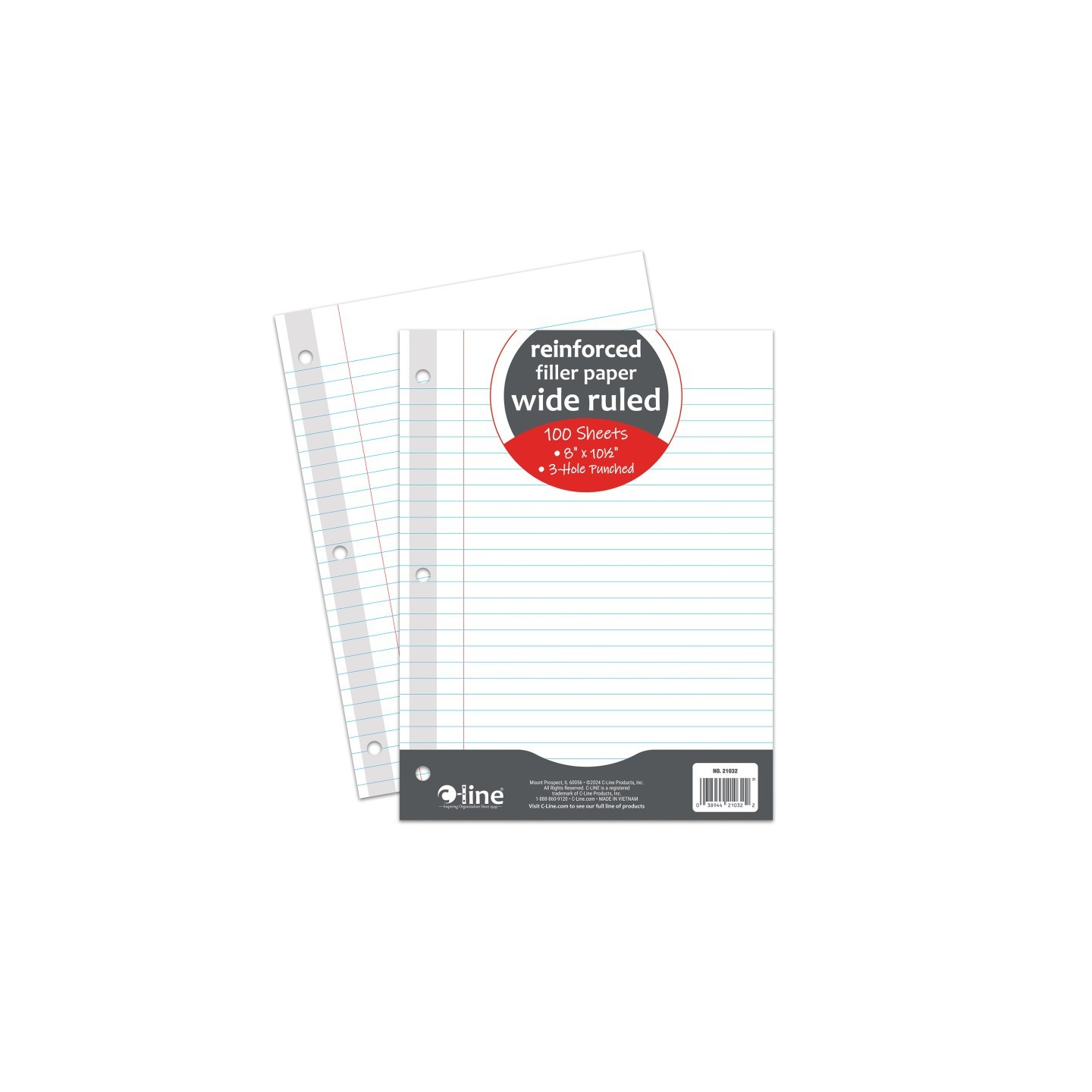 C-Line® Reinforced 3-Hole Punched, Filler Paper, Wide Rule, 10.5" x 8", 100 Sheets