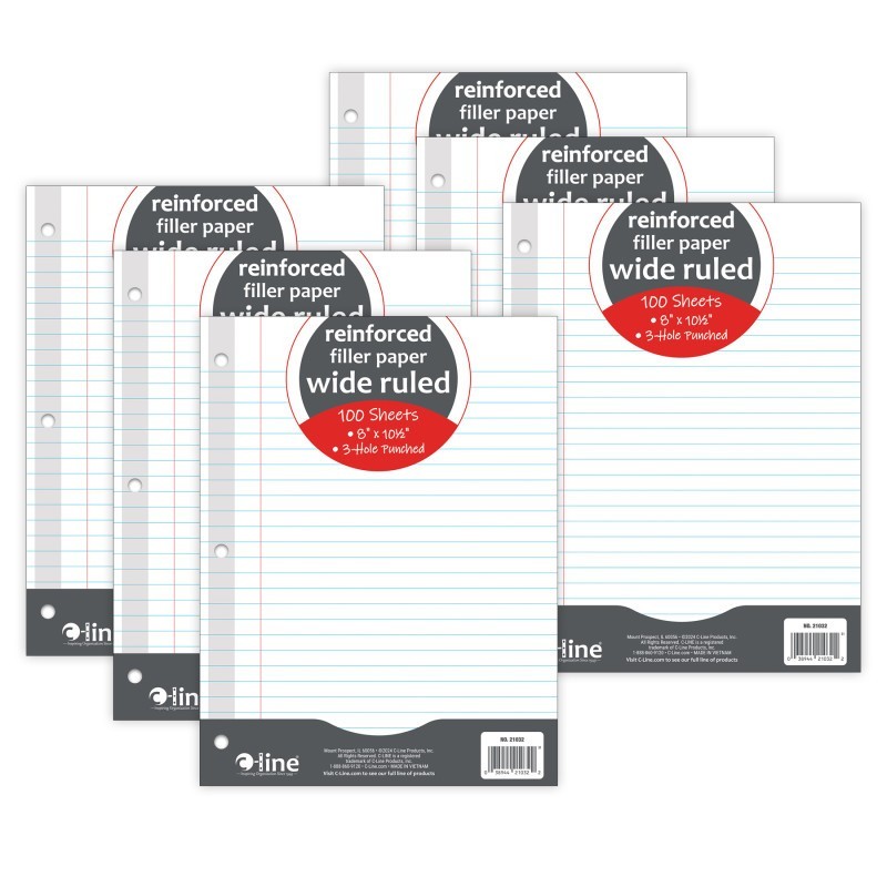 C-Line® Reinforced 3-Hole Punched, Filler Paper, Wide Rule, 10.5" x 8", 100 Sheets Per Pack, 6 Packs