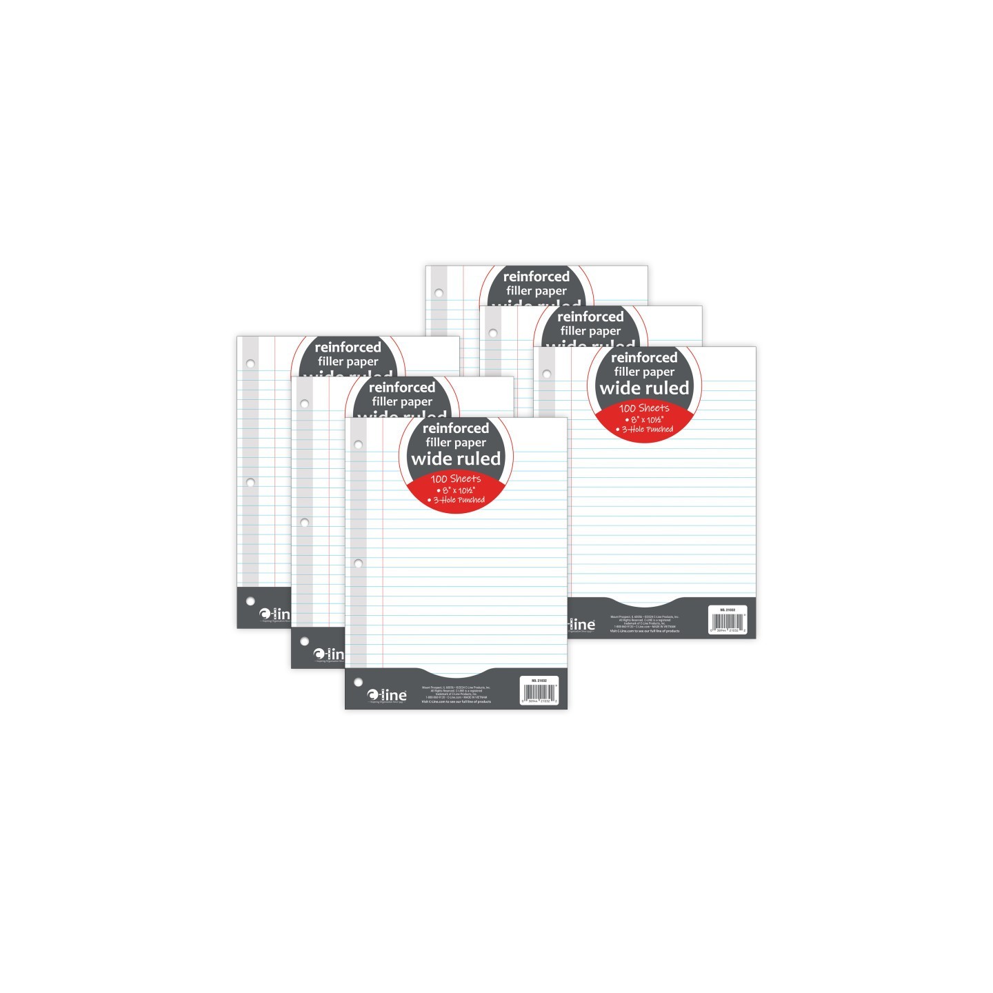 C-Line® Reinforced 3-Hole Punched, Filler Paper, Wide Rule, 10.5" x 8", 100 Sheets Per Pack, 6 Packs
