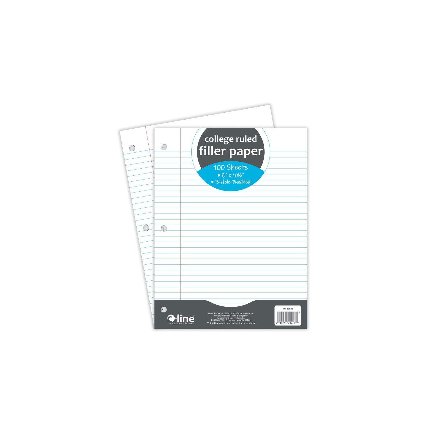 C-Line® Filler Paper, College Ruled, 8" x 10-1/2", White, 100 Sheets
