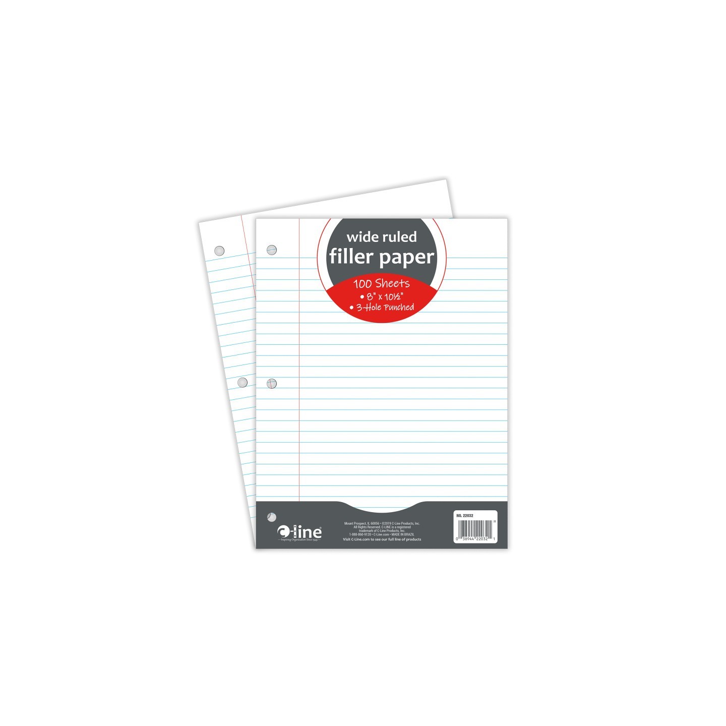 C-Line® Filler Paper, Wide Ruled, 8" x 10-1/2", White, 100 Sheets
