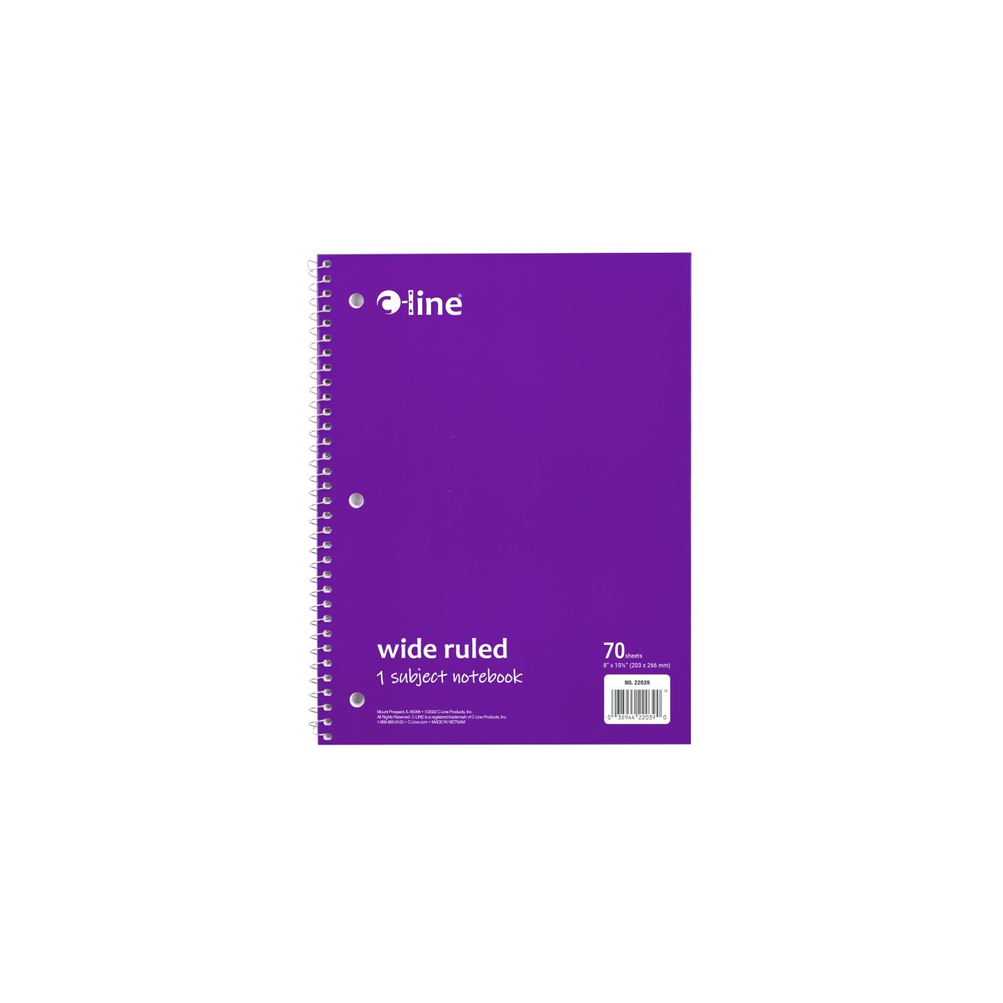 C-Line® 1-Subject Notebook, 70 Page, Wide Ruled, Purple
