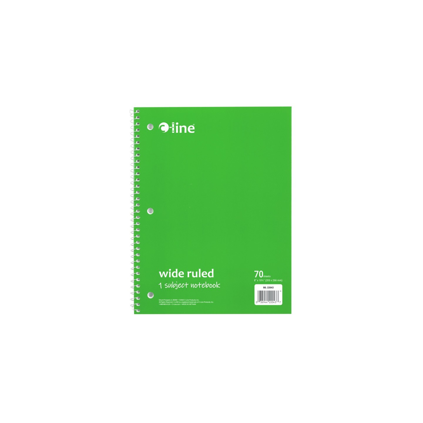 C-Line® 1-Subject Notebook, 70 Page, Wide Ruled, Green