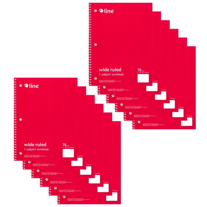 C-Line® 1-Subject Notebook, 70 Page, Wide Ruled, Red, Pack of 12