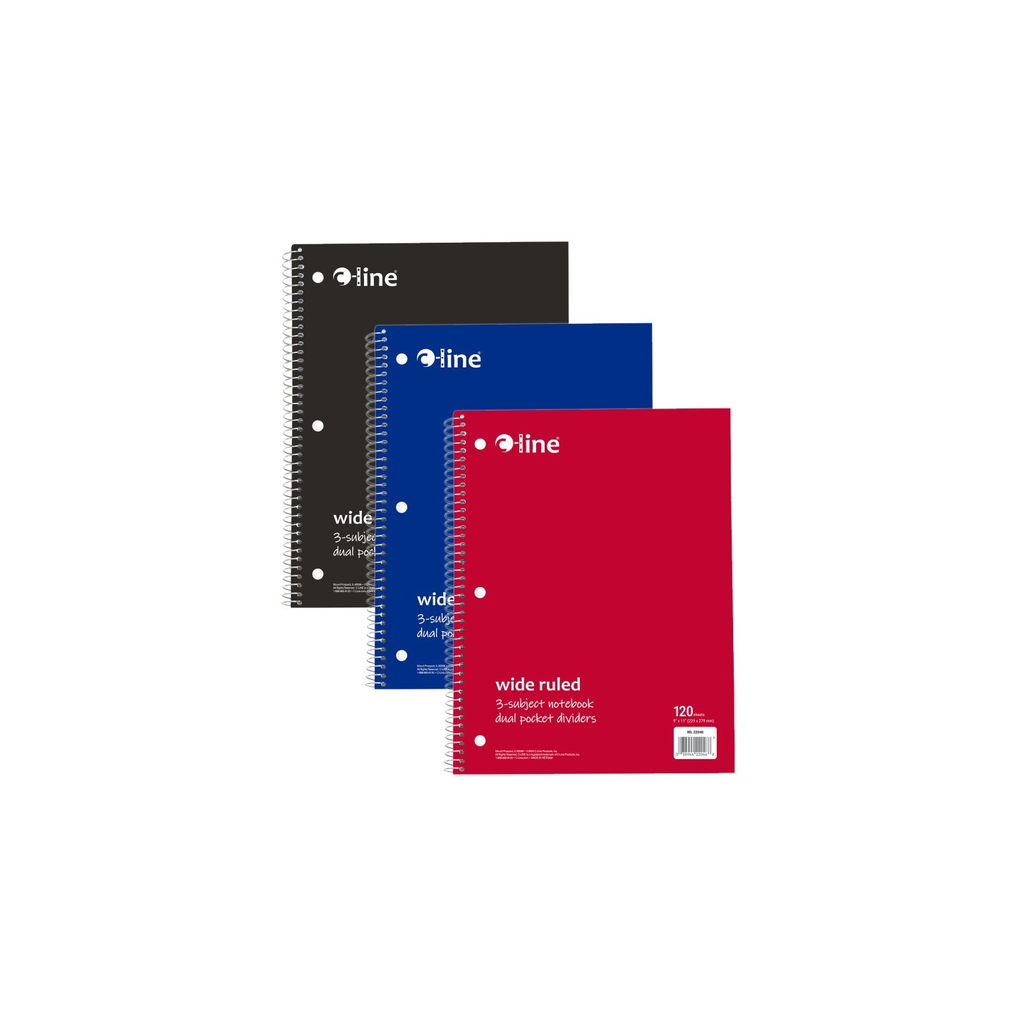 C-Line® 3-Subject Notebook, Wide Ruled, 120 Sheets, Assorted Colors, Pack of 3