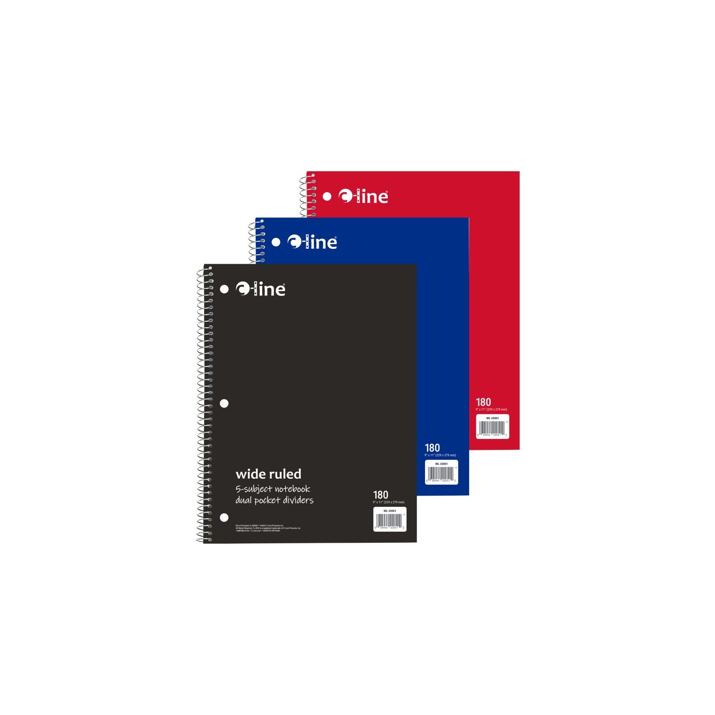C-Line® 5-Subject Notebook, Wide Ruled, 180 Sheets, Assorted Colors, Pack of 3