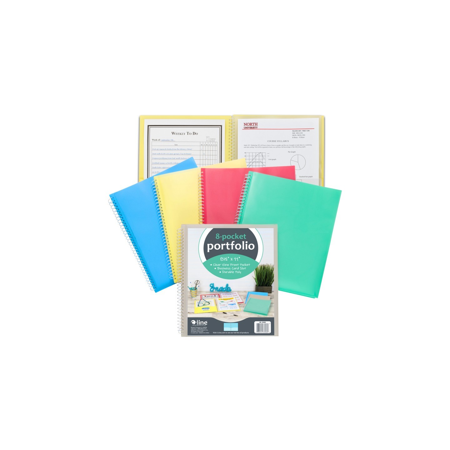 C-Line® 8-Pocket Spiral-Bound Poly Portfolio, Pack of 6
