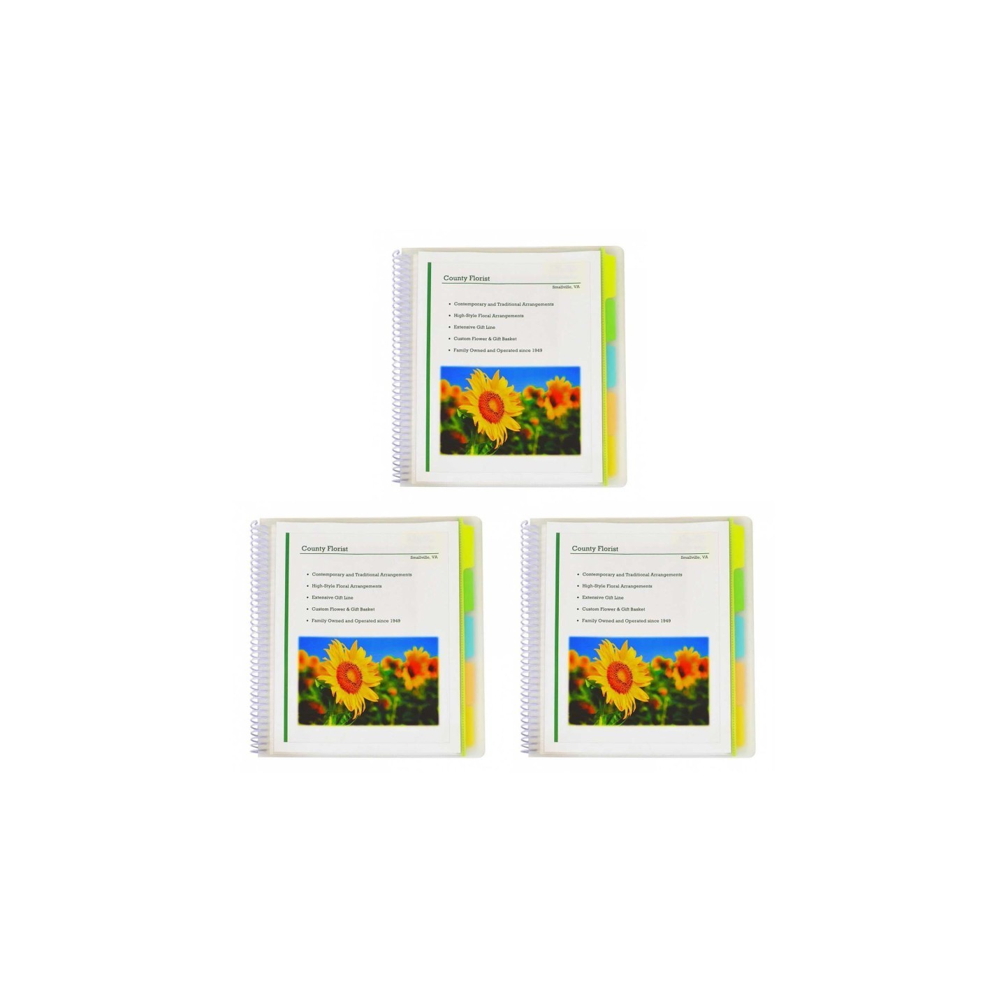 C-Line® 10-Pocket Poly Portfolio with Write-On Index Tabs, Spiral Bound, 5-Tab, Clear with Assorted Color Tabs, Pack of 3