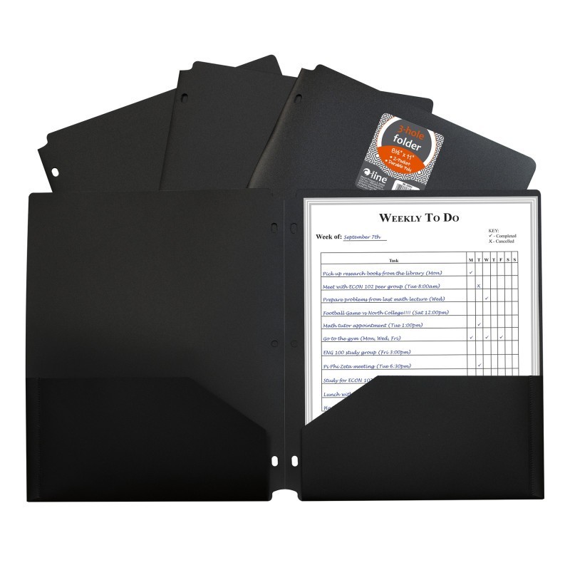 C-Line® Two-Pocket Heavyweight Poly Portfolio Folder with Three-Hole Punch, Black, Each