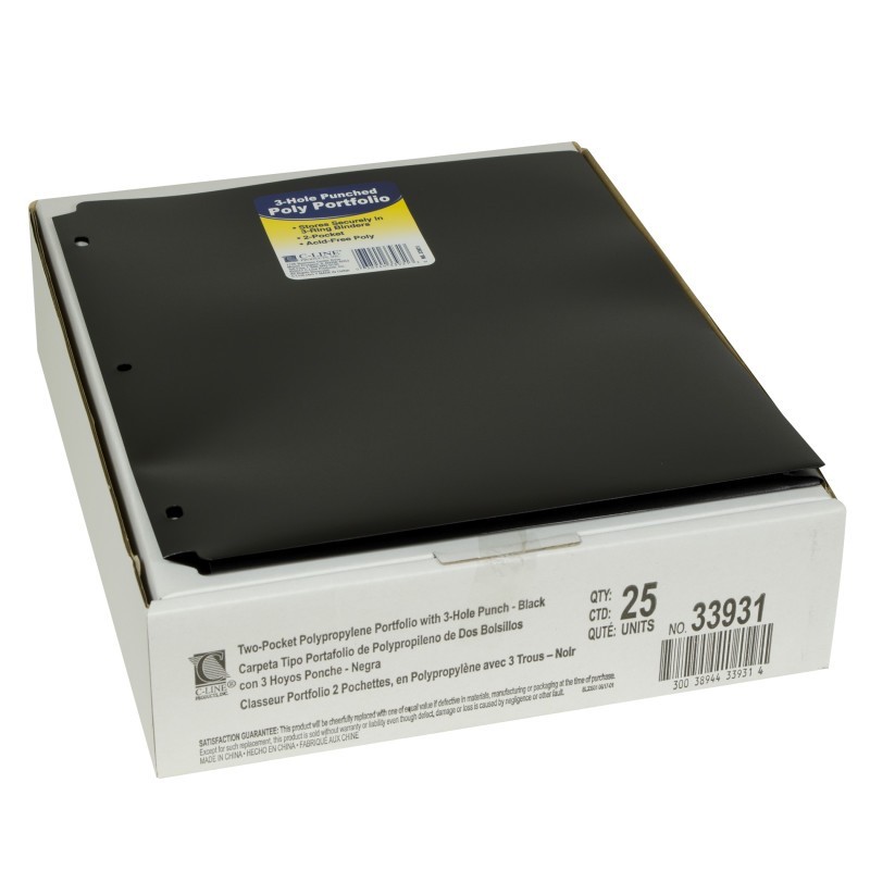 C-Line® Two-Pocket Heavyweight Poly Portfolio Folder with Three-Hole Punch, Black, Pack of 25